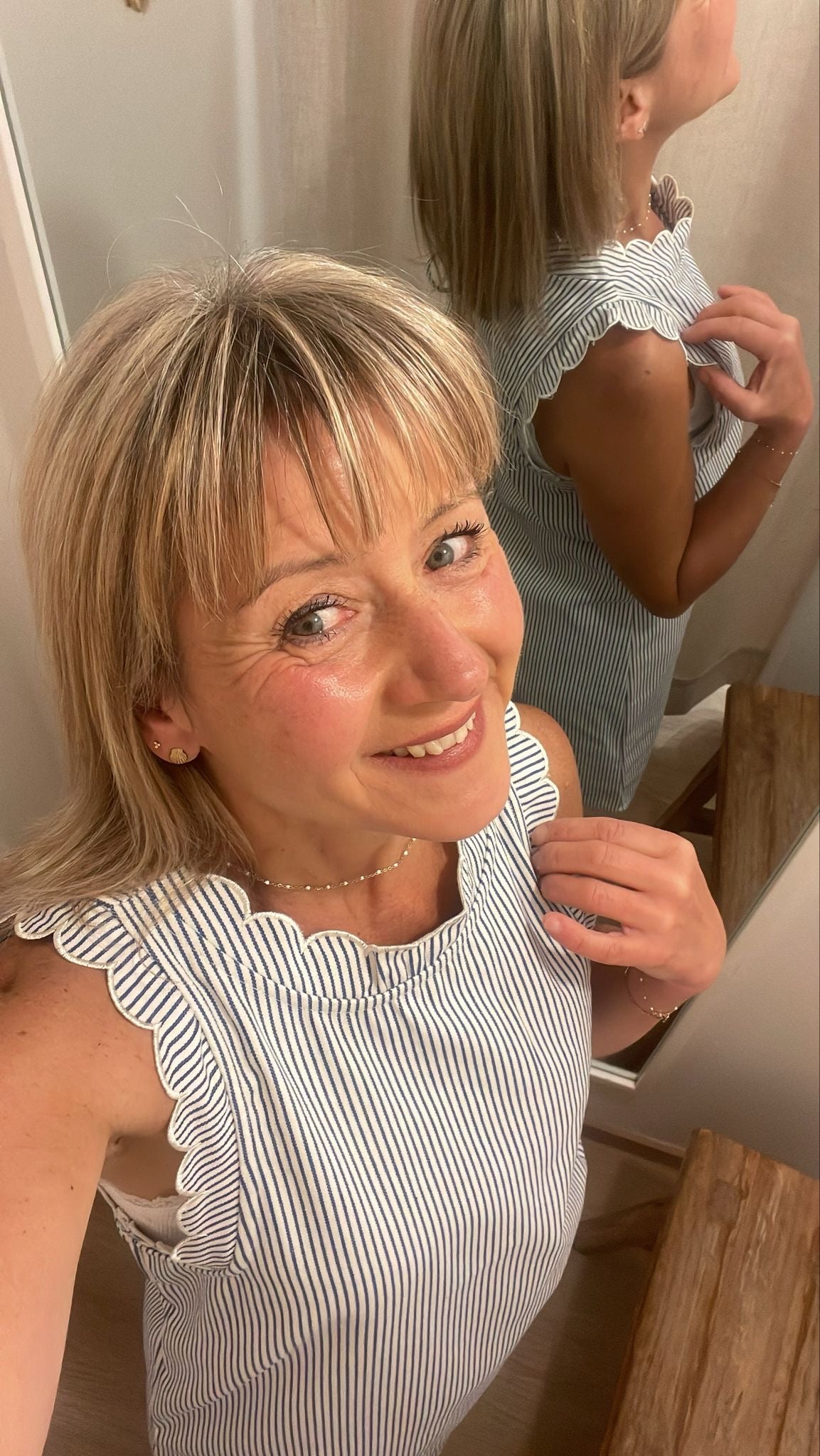 Robe droite feston rayures bleu