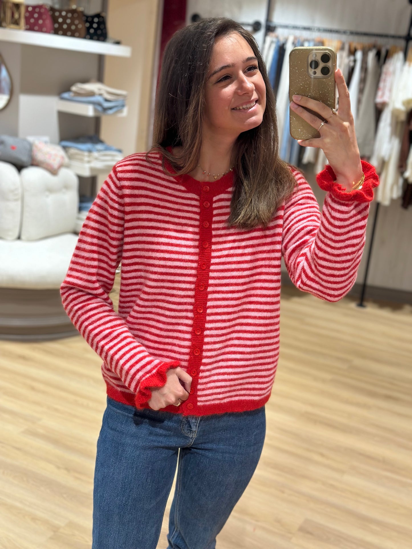Gilet rayé rouge rose