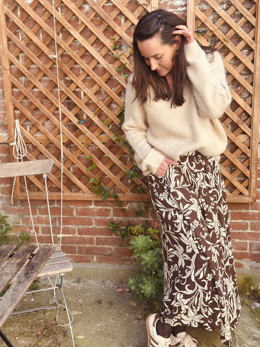 Jupe longue marron feuillage