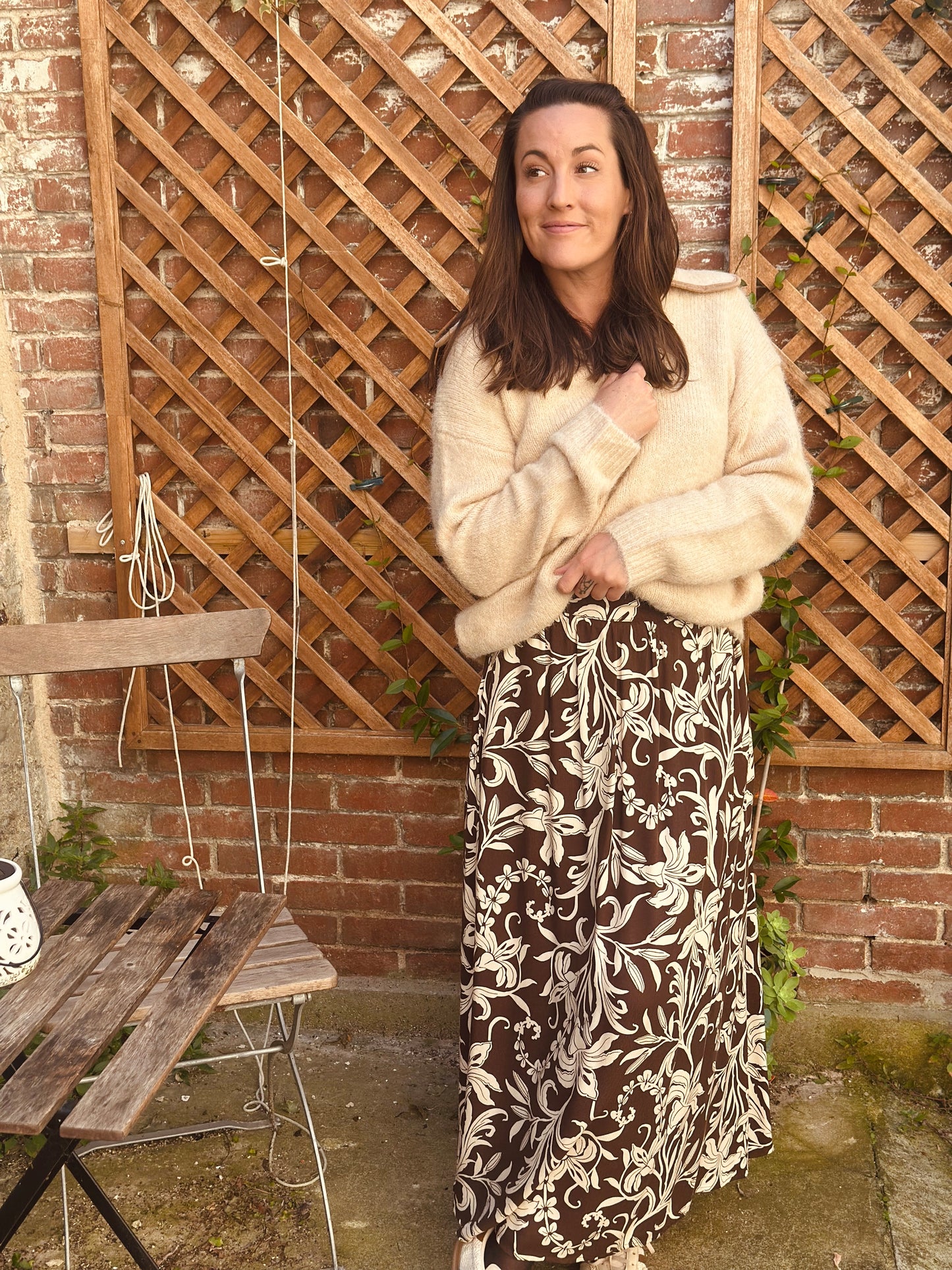 Jupe longue marron feuillage