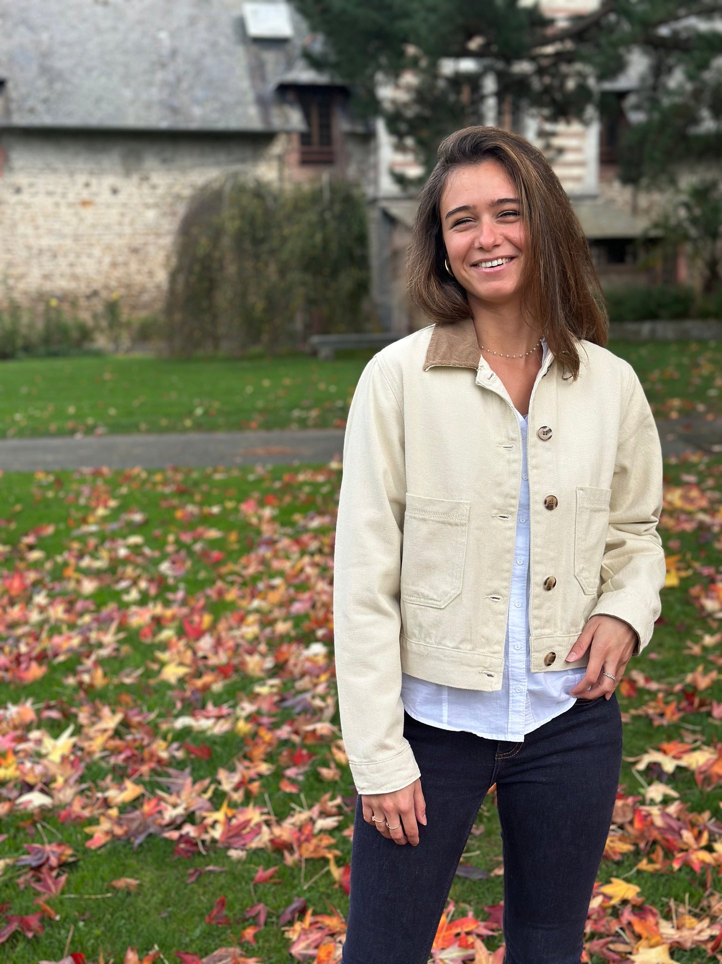 Veste beige col velours camel