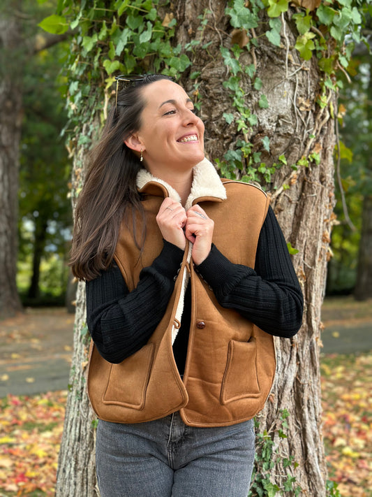 Sans manche suédine moumoute camel