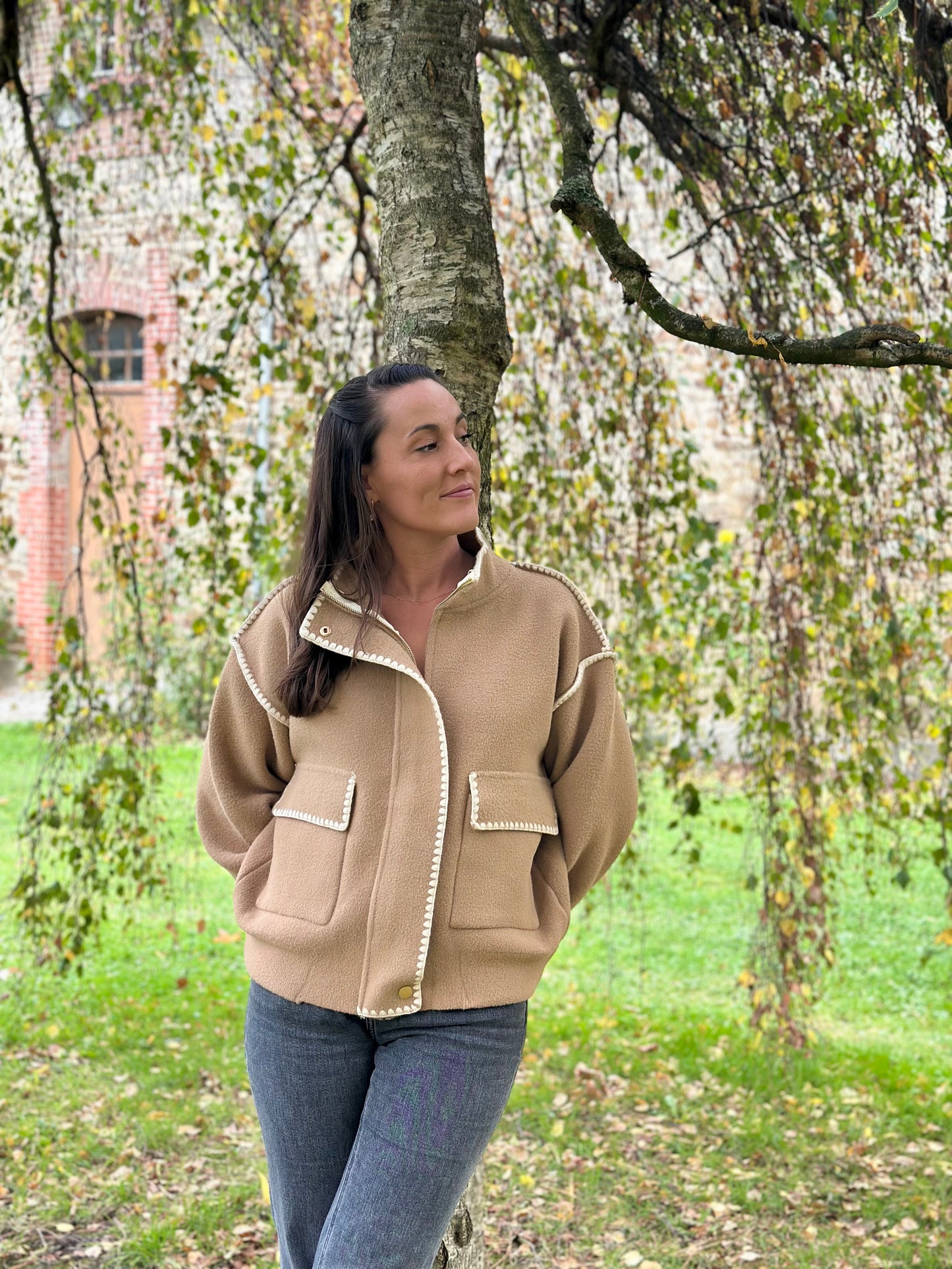 Veste pull écru surpiqures