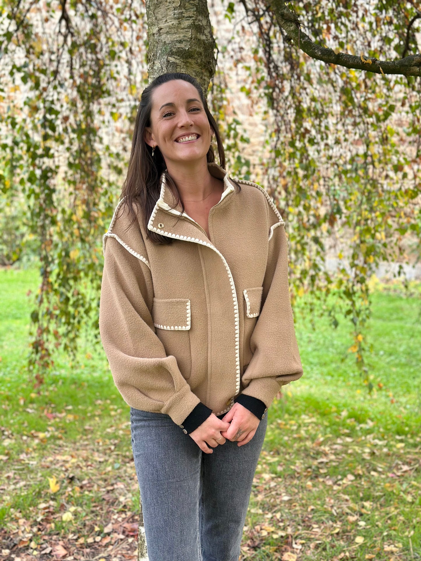Veste pull écru surpiqures