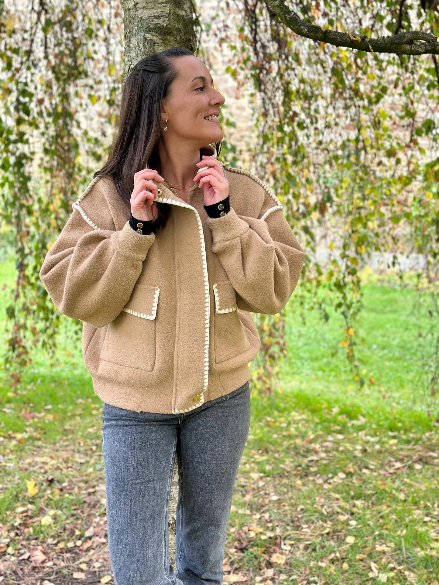 Veste pull écru surpiqures