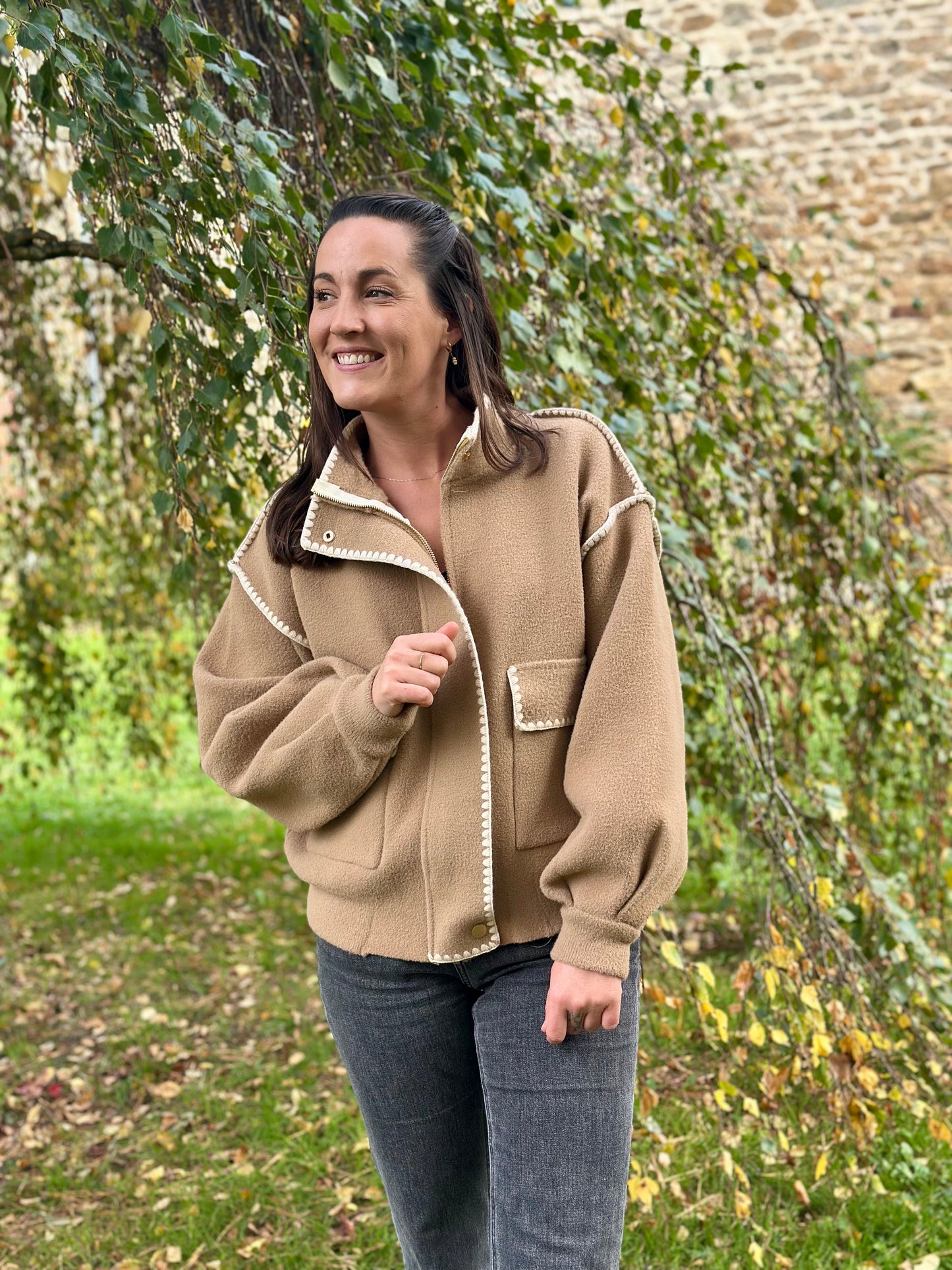 Veste pull écru surpiqures
