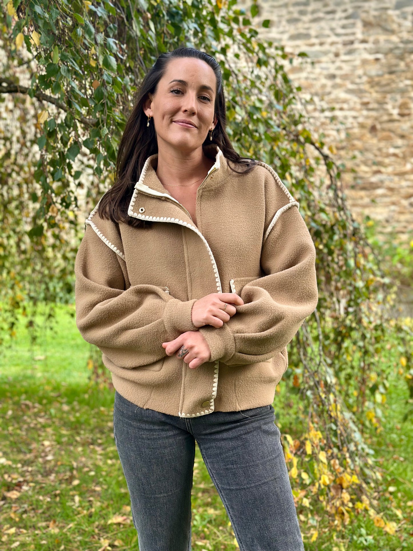 Veste pull écru surpiqures