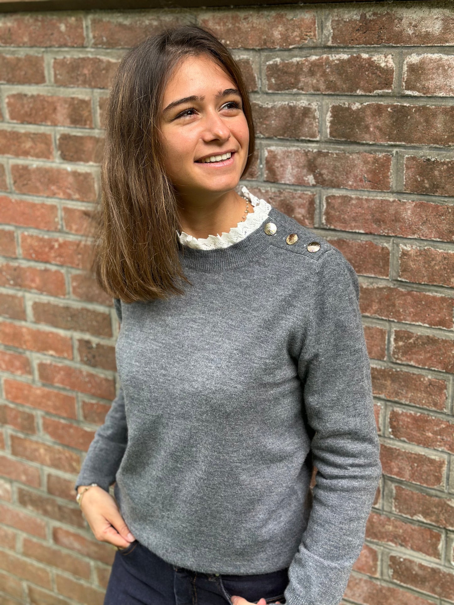Pull col dentelle gris
