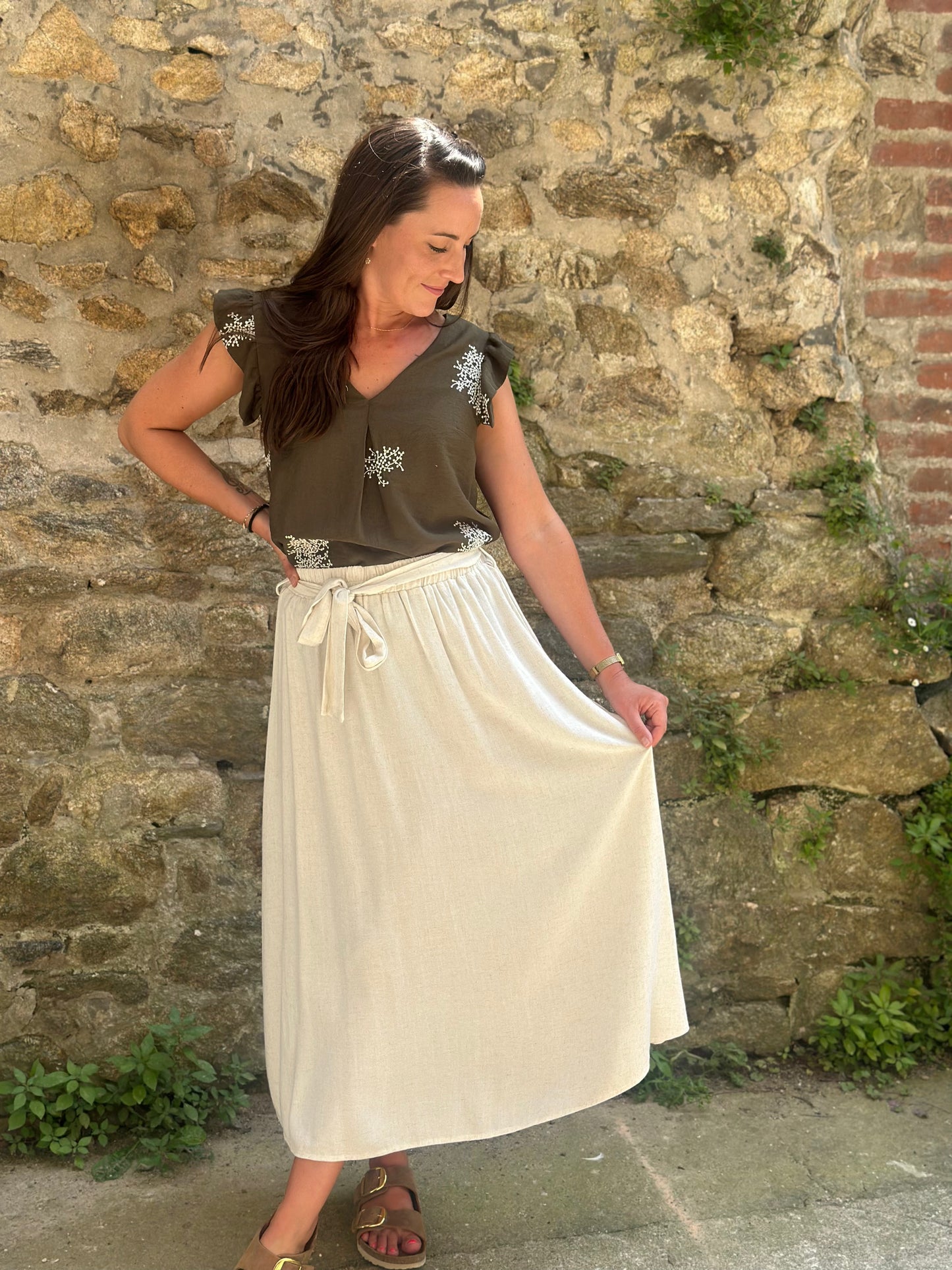 Jupe mi-longue lin beige