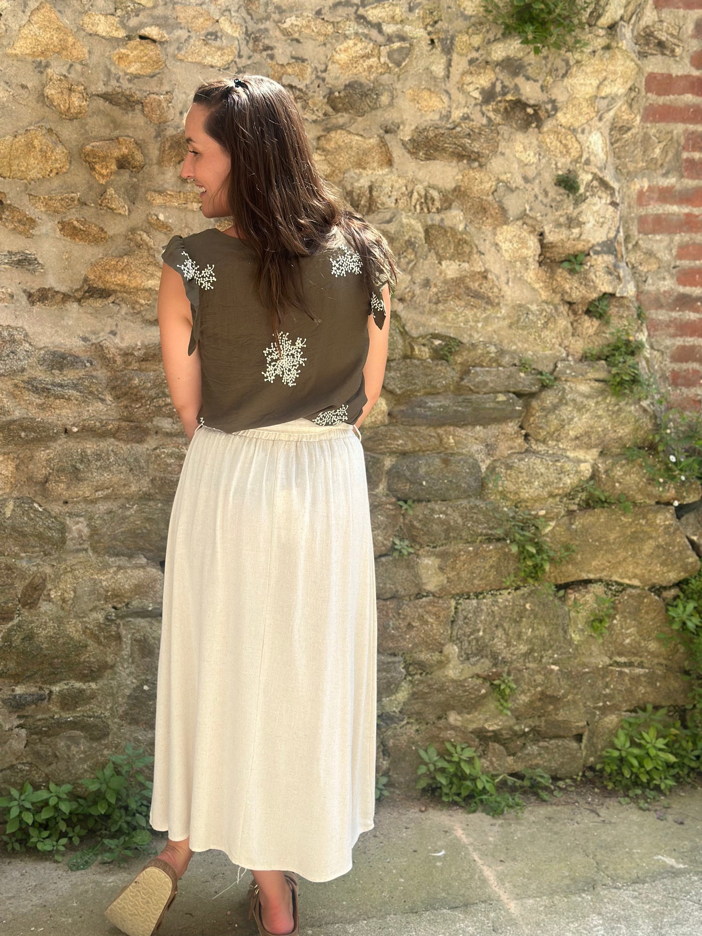 Jupe mi-longue lin beige