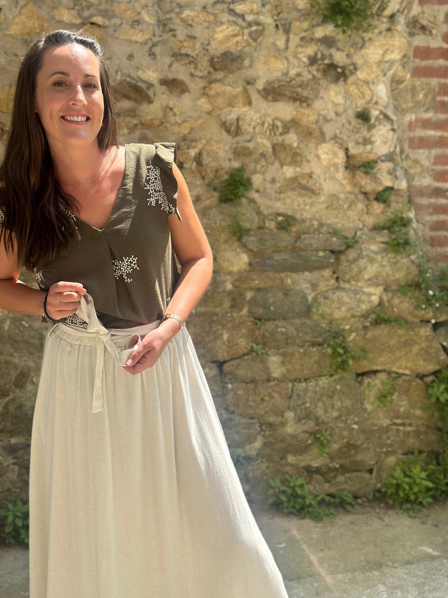 Jupe mi-longue lin beige