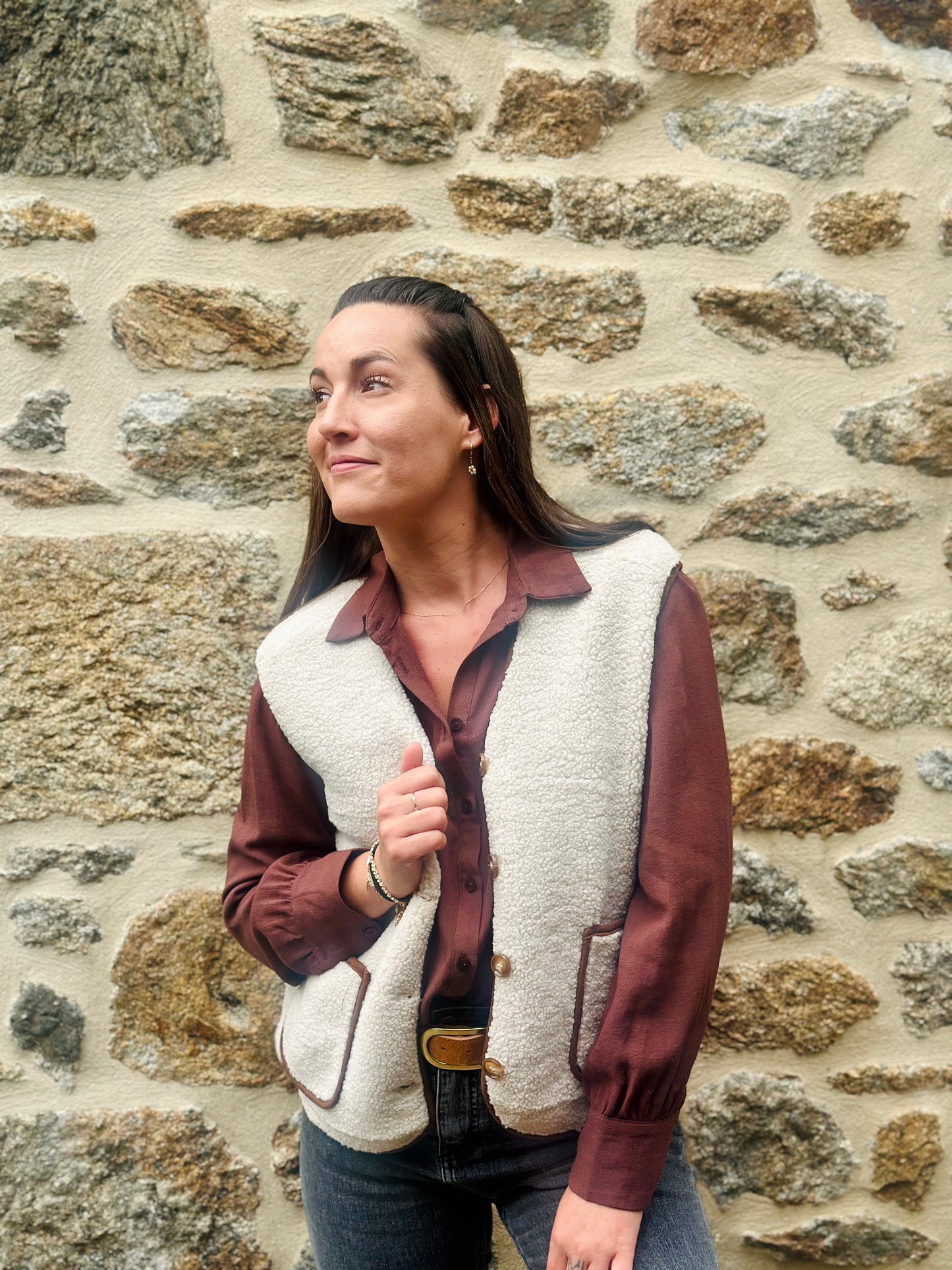 Veste beige camel S/manche moumoute