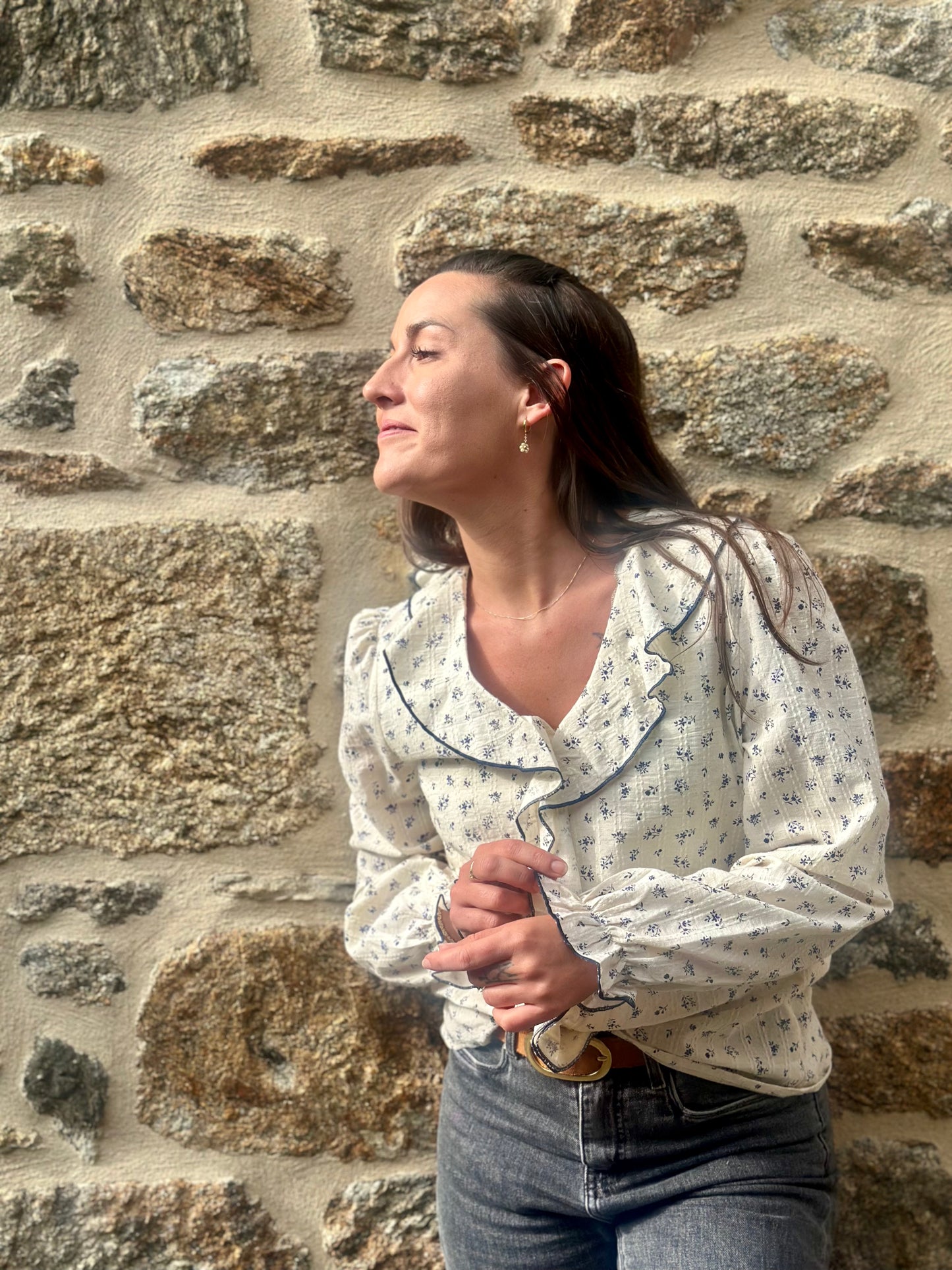 Blouse volant marine fleurs