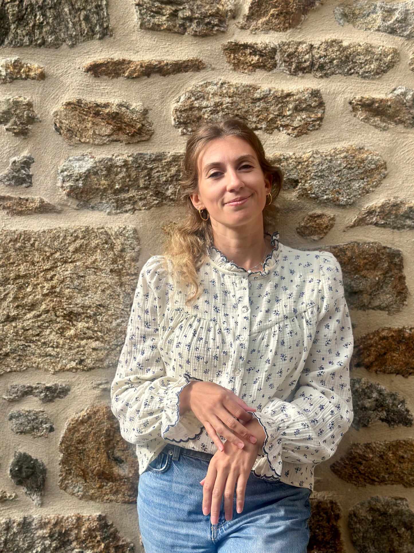 Chemise col brodé écru marine