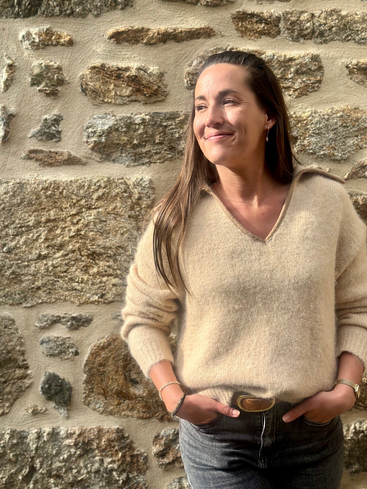 Pull beige col marron