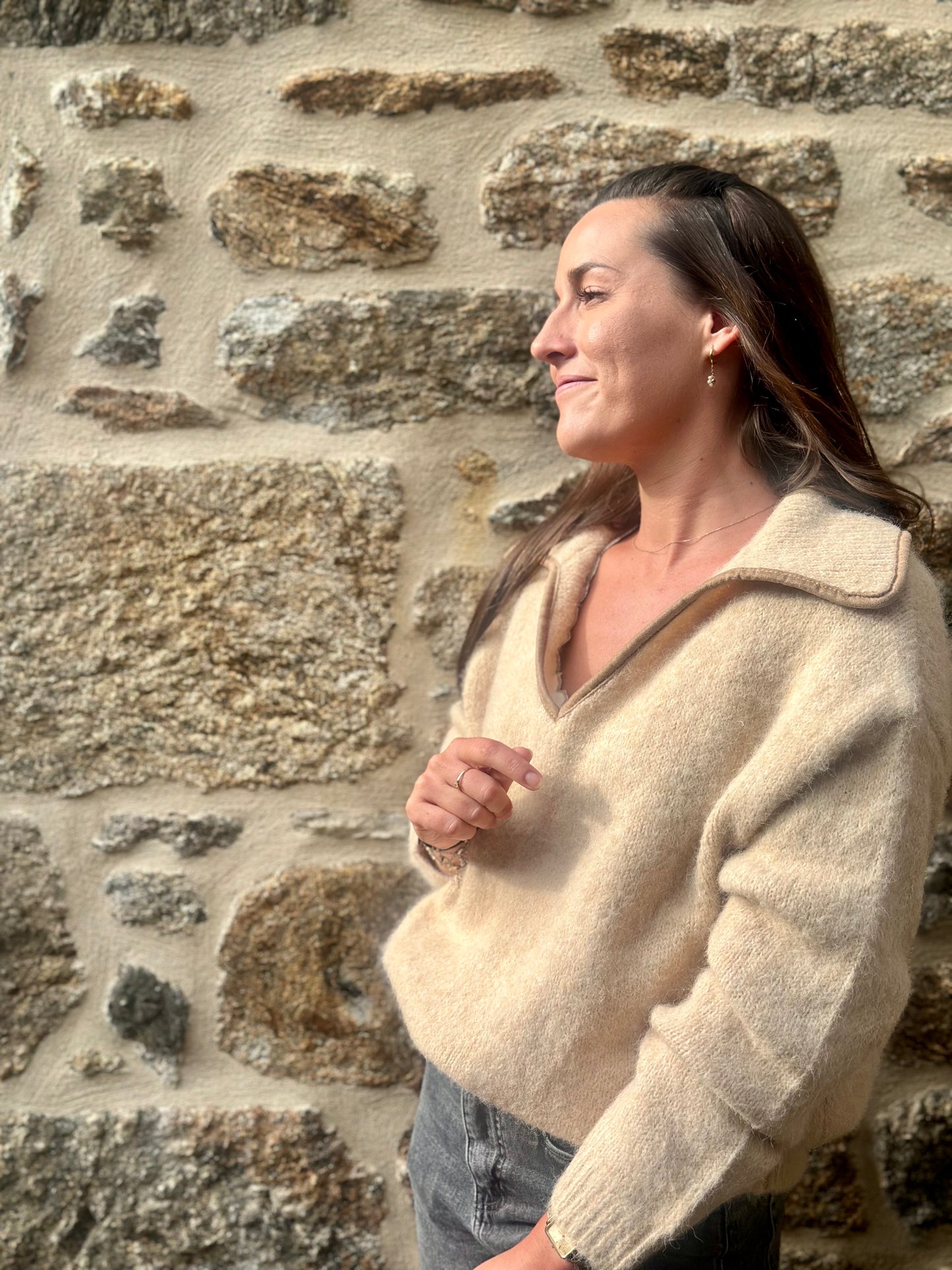 Pull beige col marron