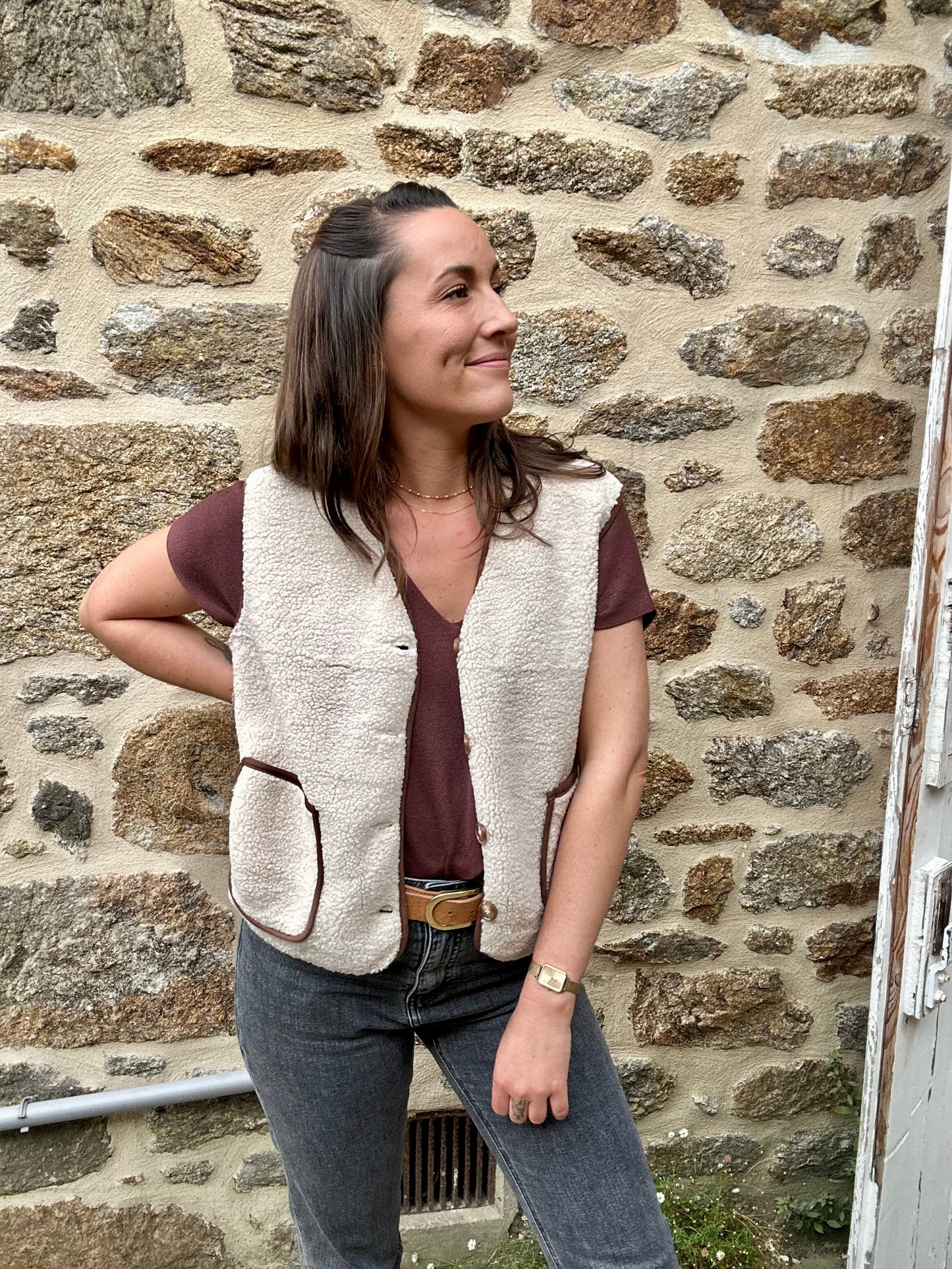 Veste beige camel S/manche moumoute