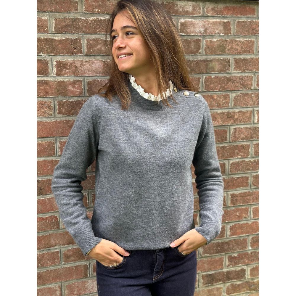 Pull col dentelle gris