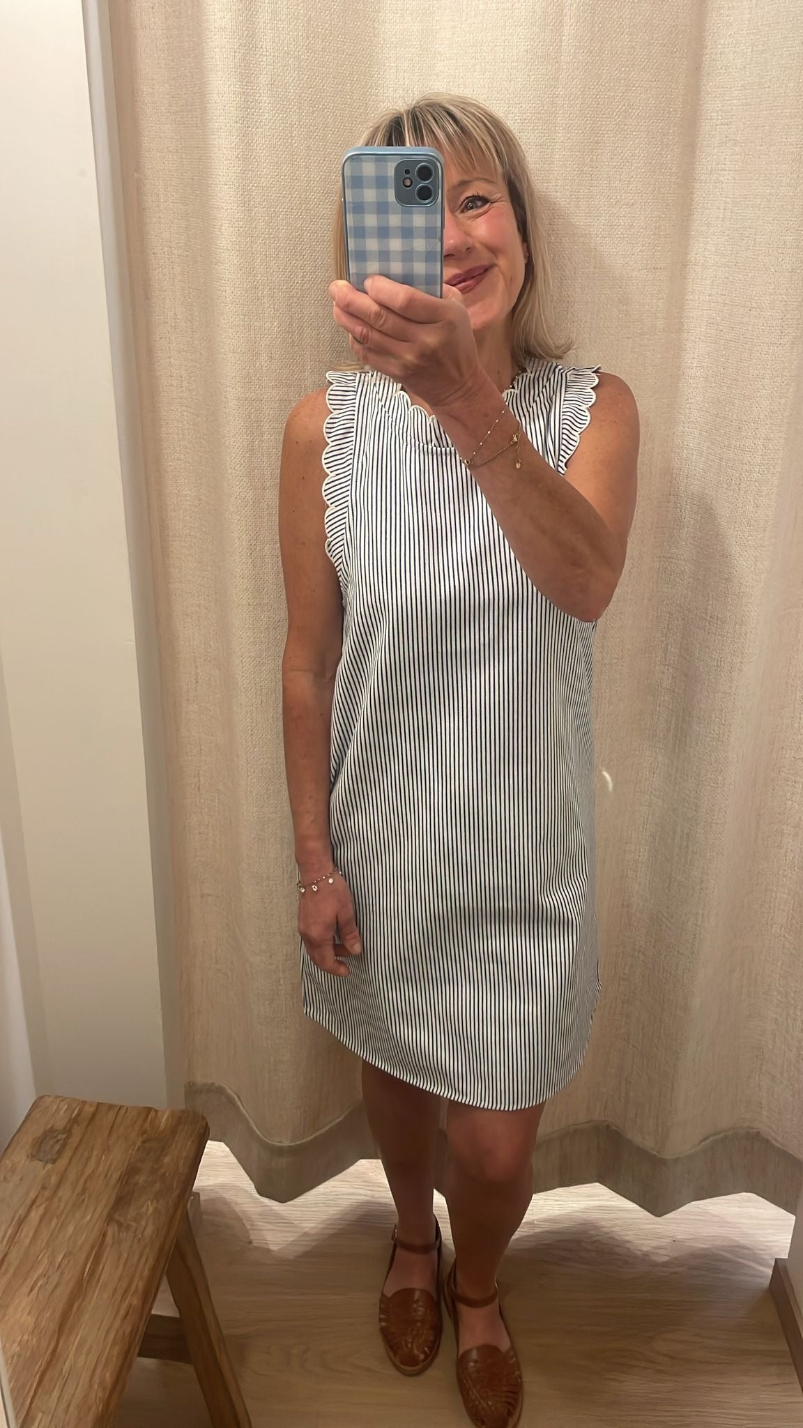 Robe droite feston rayures bleu