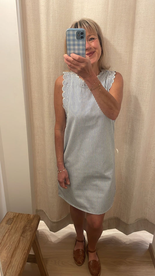 Robe droite feston rayures bleu