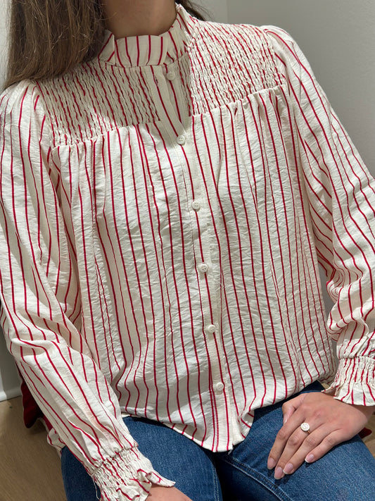 Chemise smockée rayée framboise