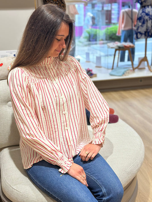 Chemise smockée rayée framboise