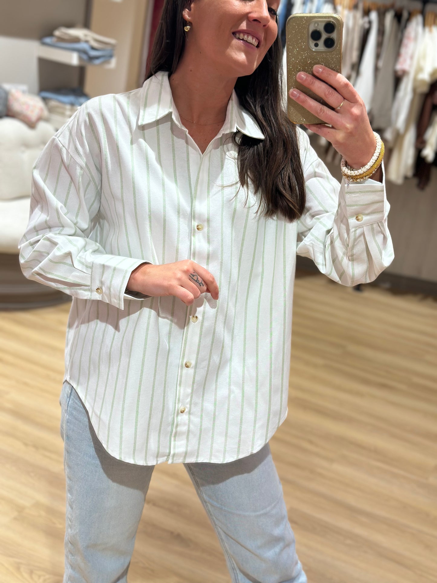 Chemise écru rayée vert