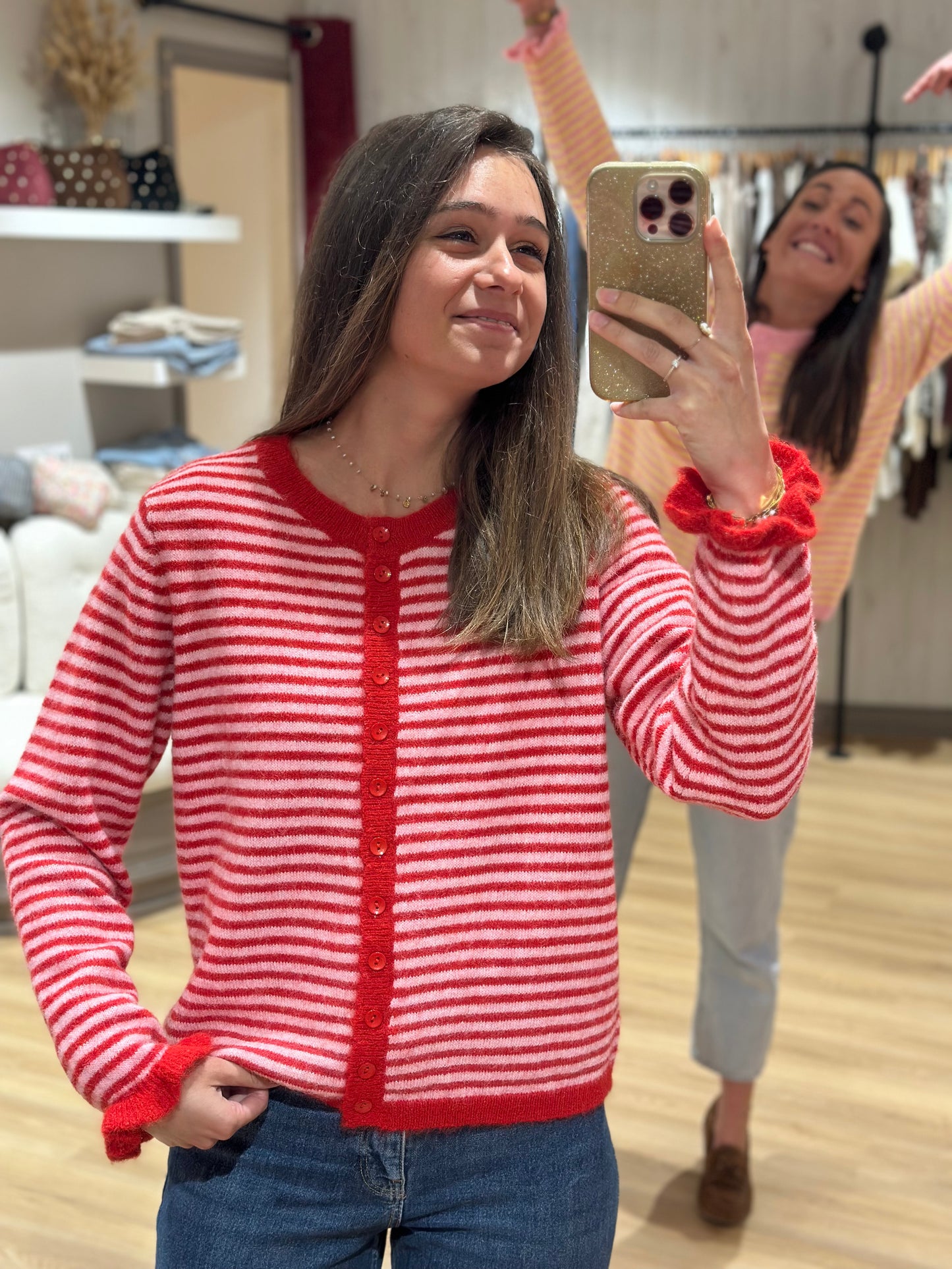 Gilet rayé rouge rose