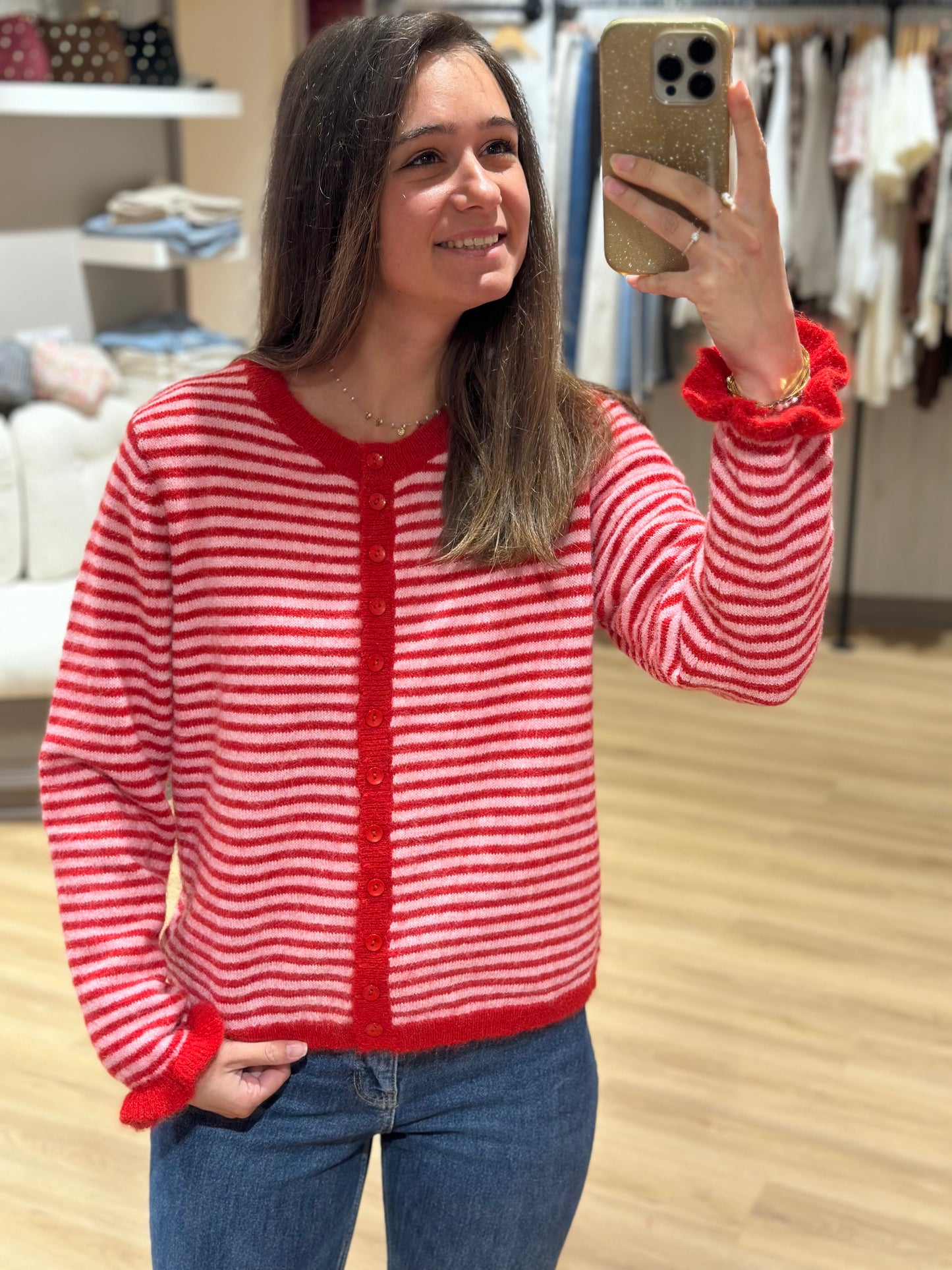 Gilet rayé rouge rose