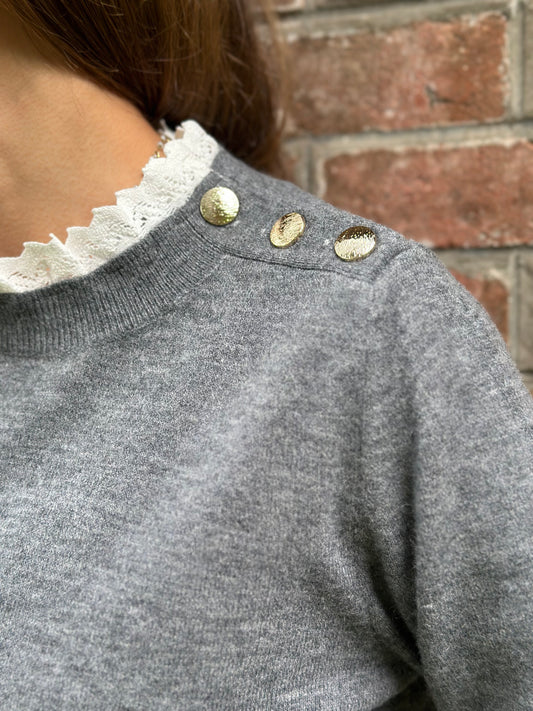 Pull col dentelle gris