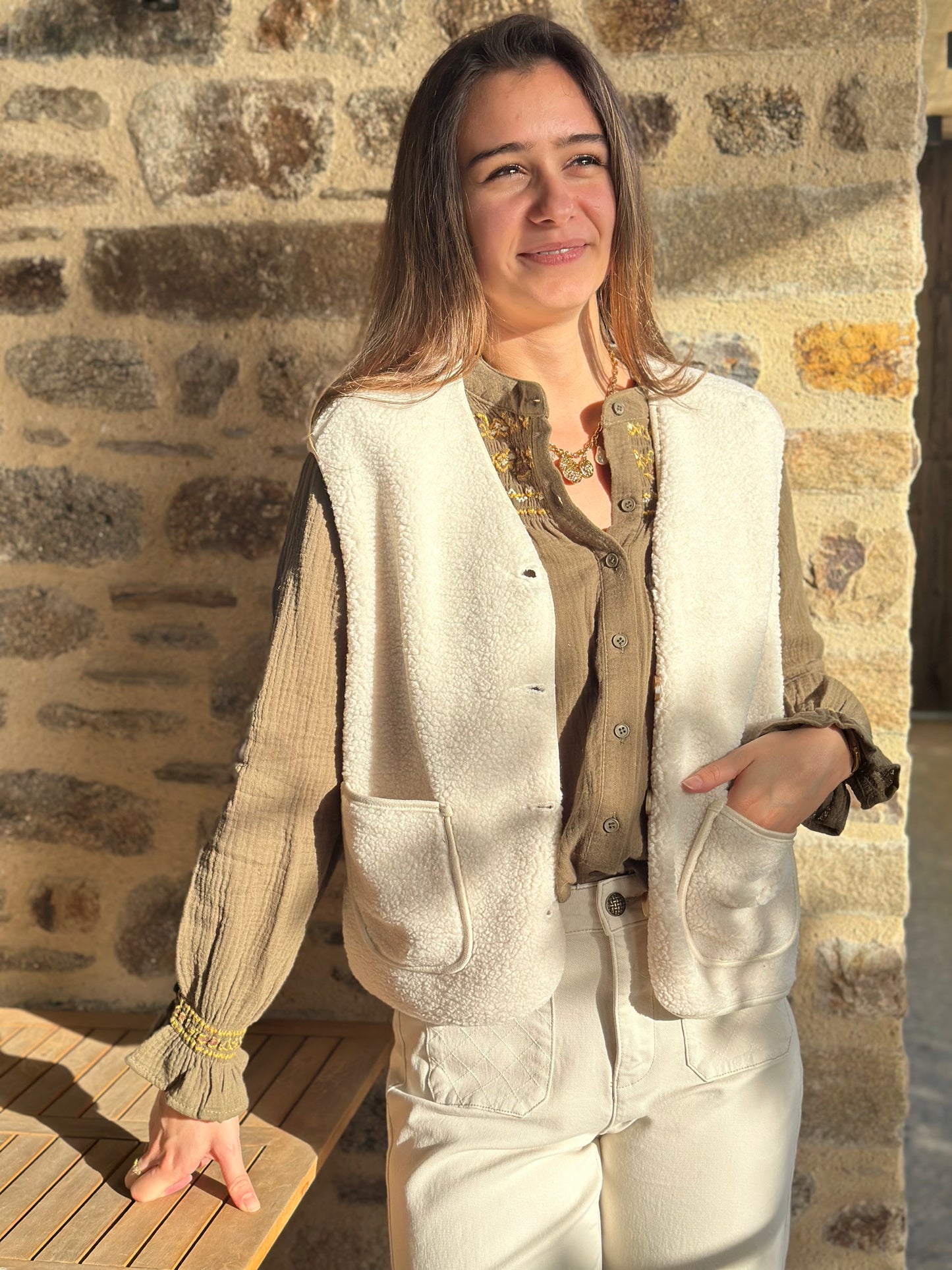 Veste Crème S/manche moumoute