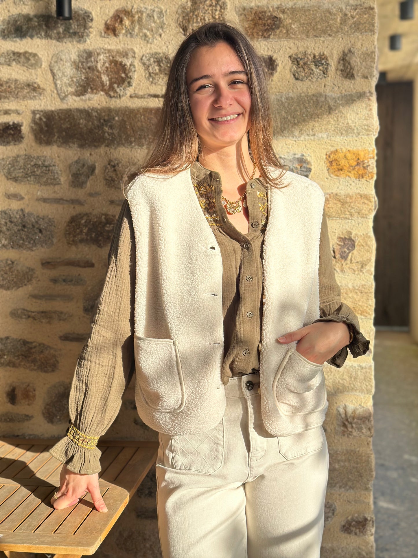 Veste Crème S/manche moumoute