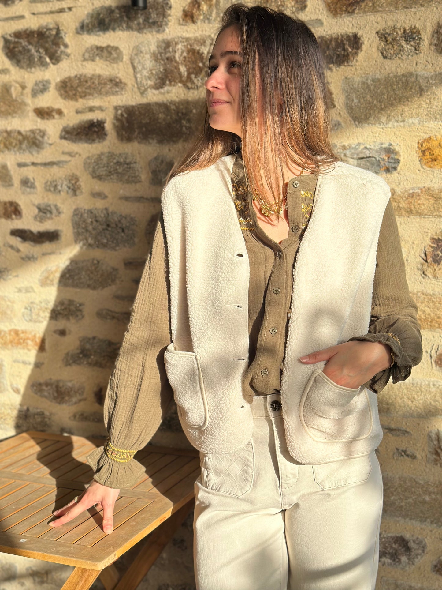 Veste Crème S/manche moumoute