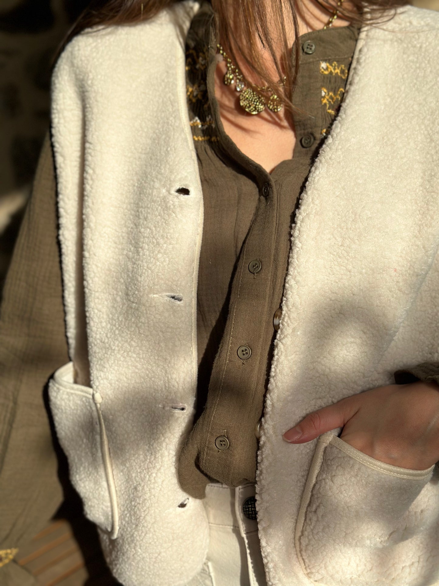 Veste Crème S/manche moumoute