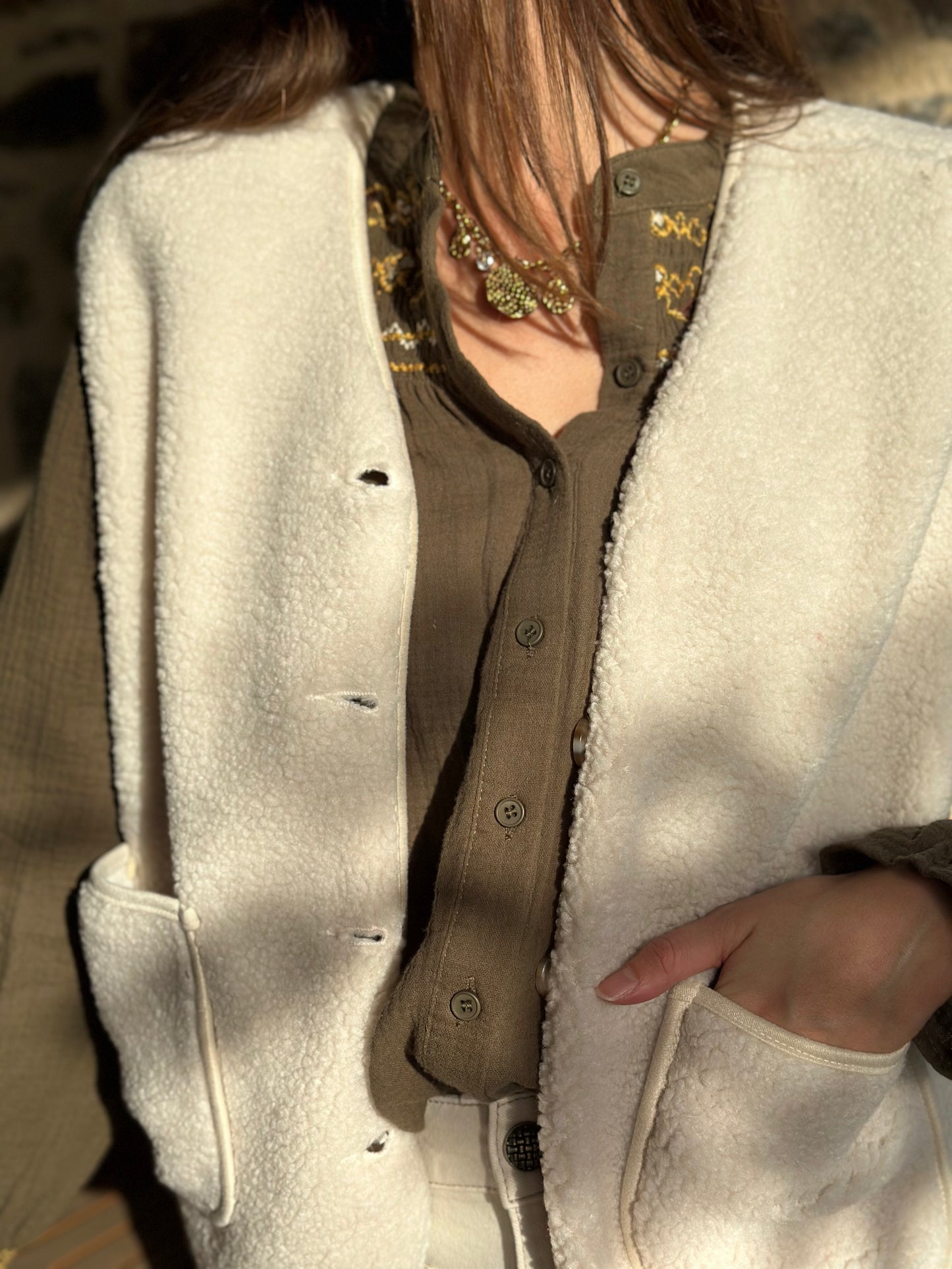 Veste Crème S/manche moumoute