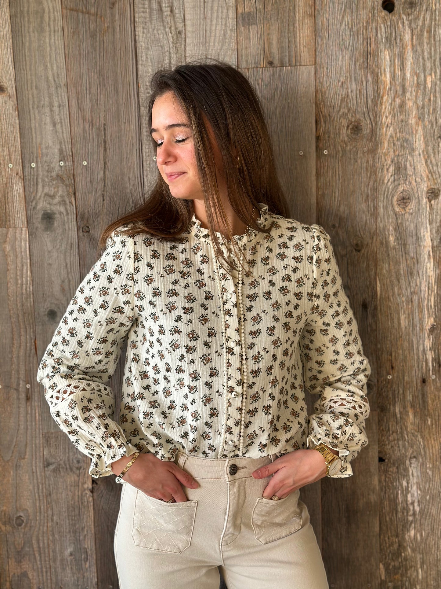 Chemise fleur marron vert