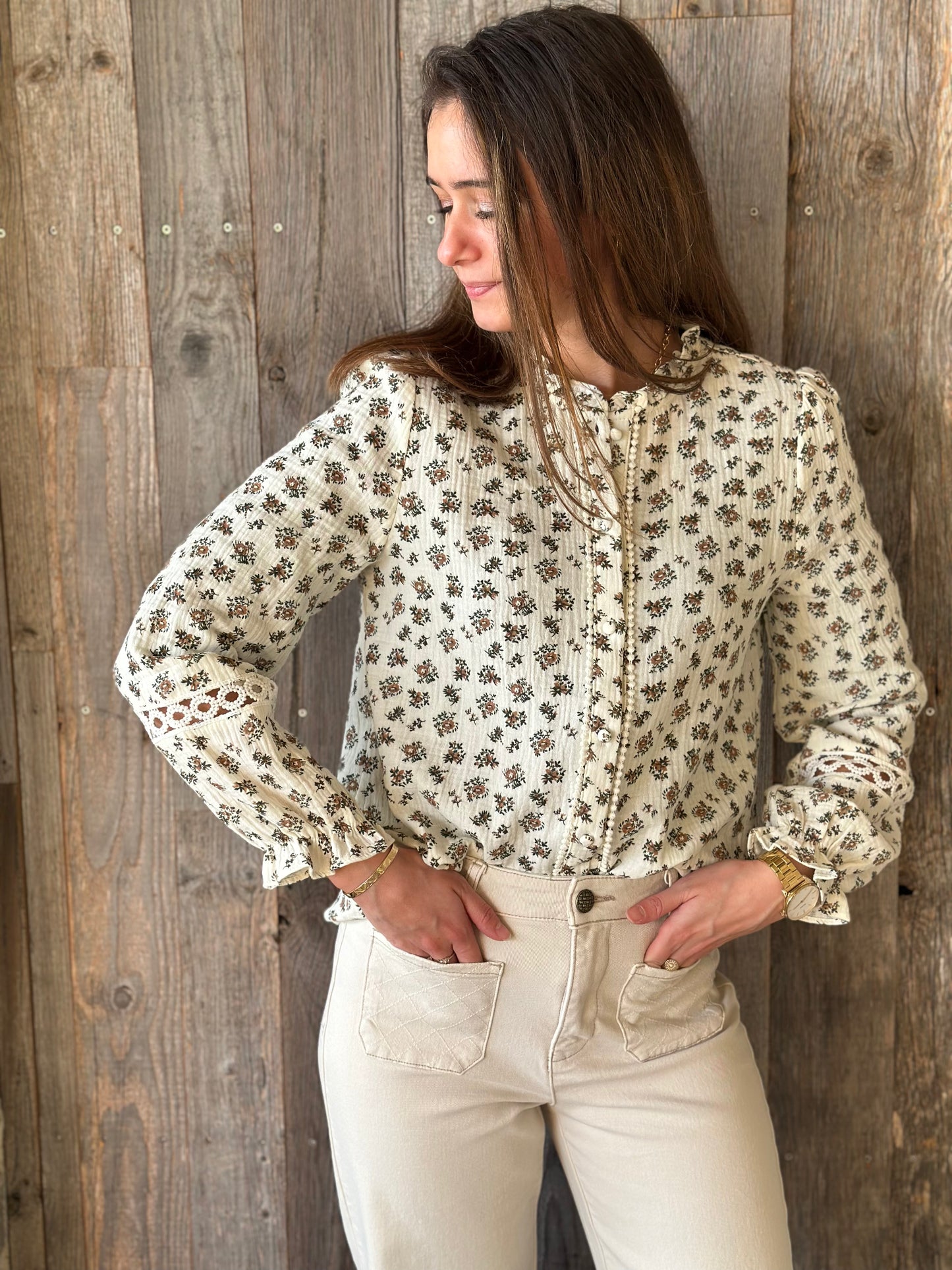 Chemise fleur marron vert