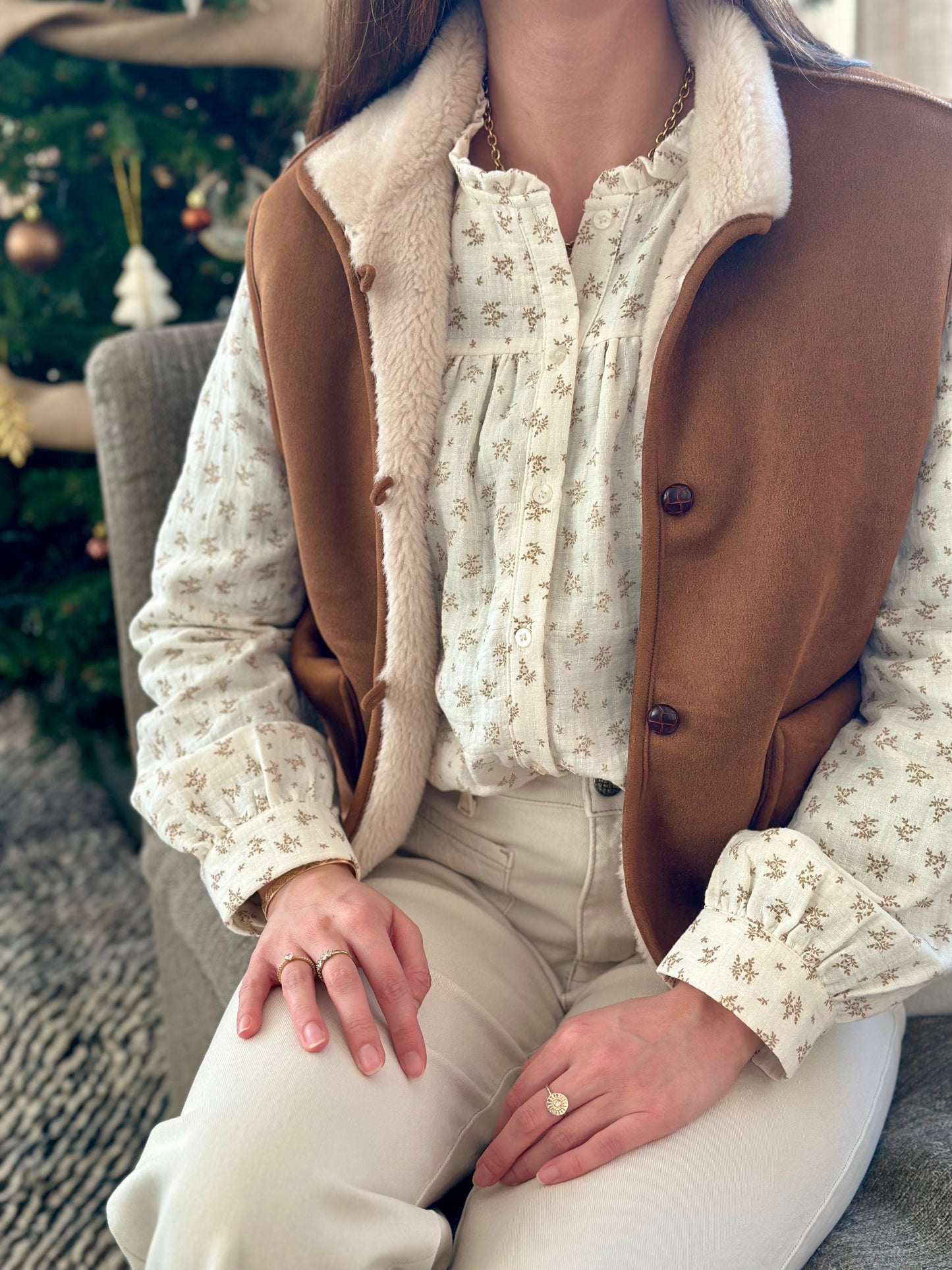 Sans manche suédine moumoute camel