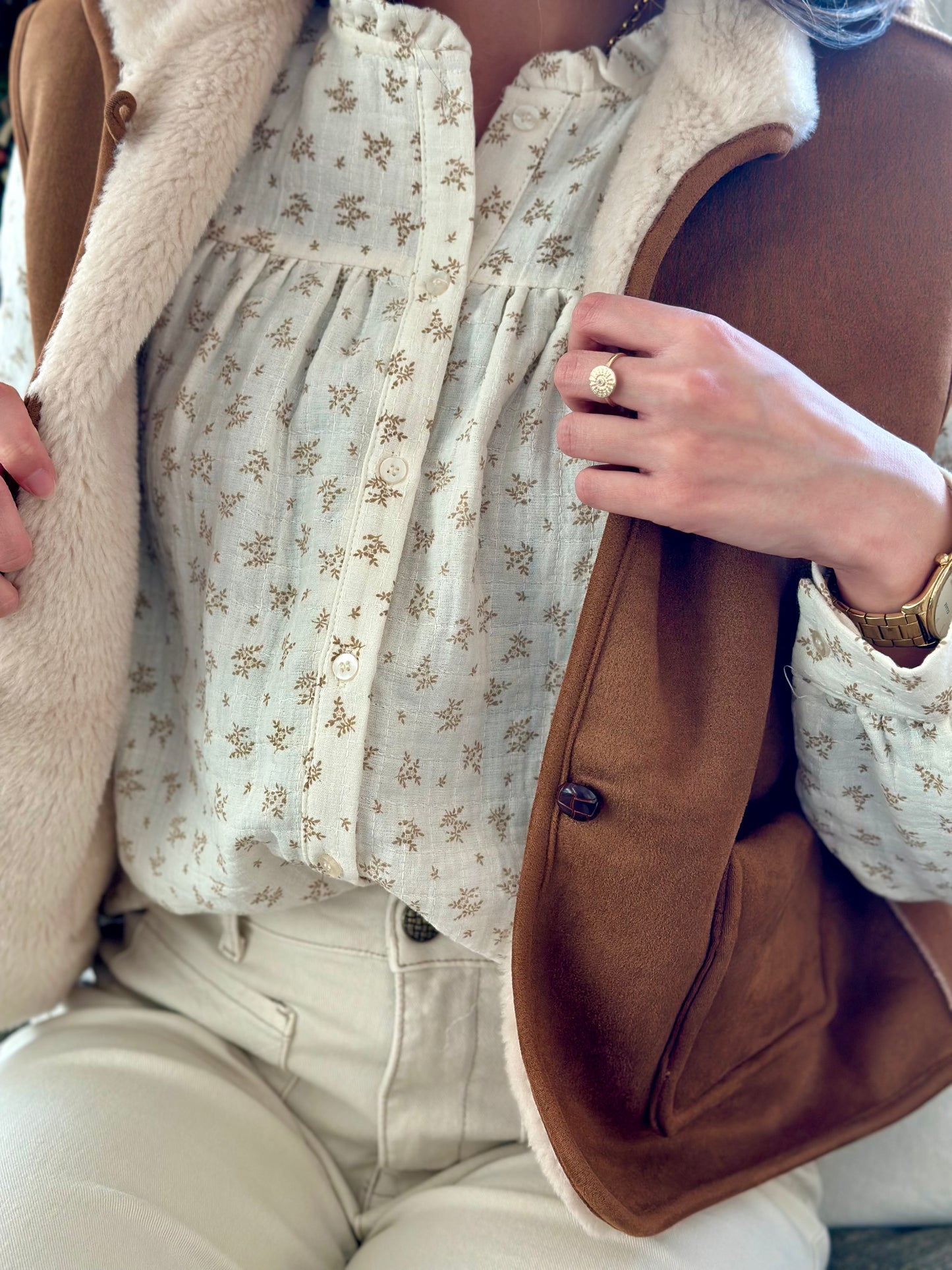 Sans manche suédine moumoute camel