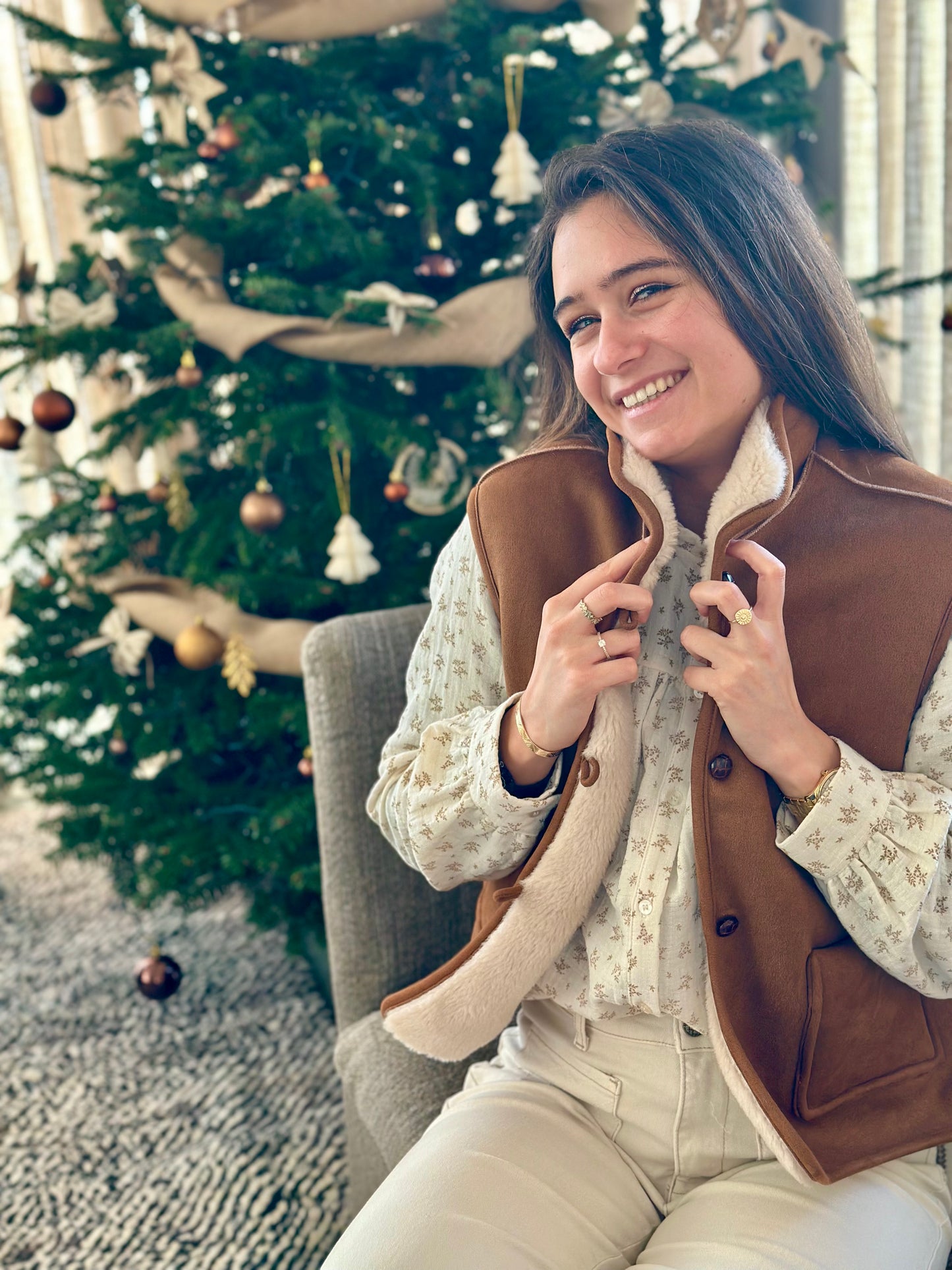 Sans manche suédine moumoute camel