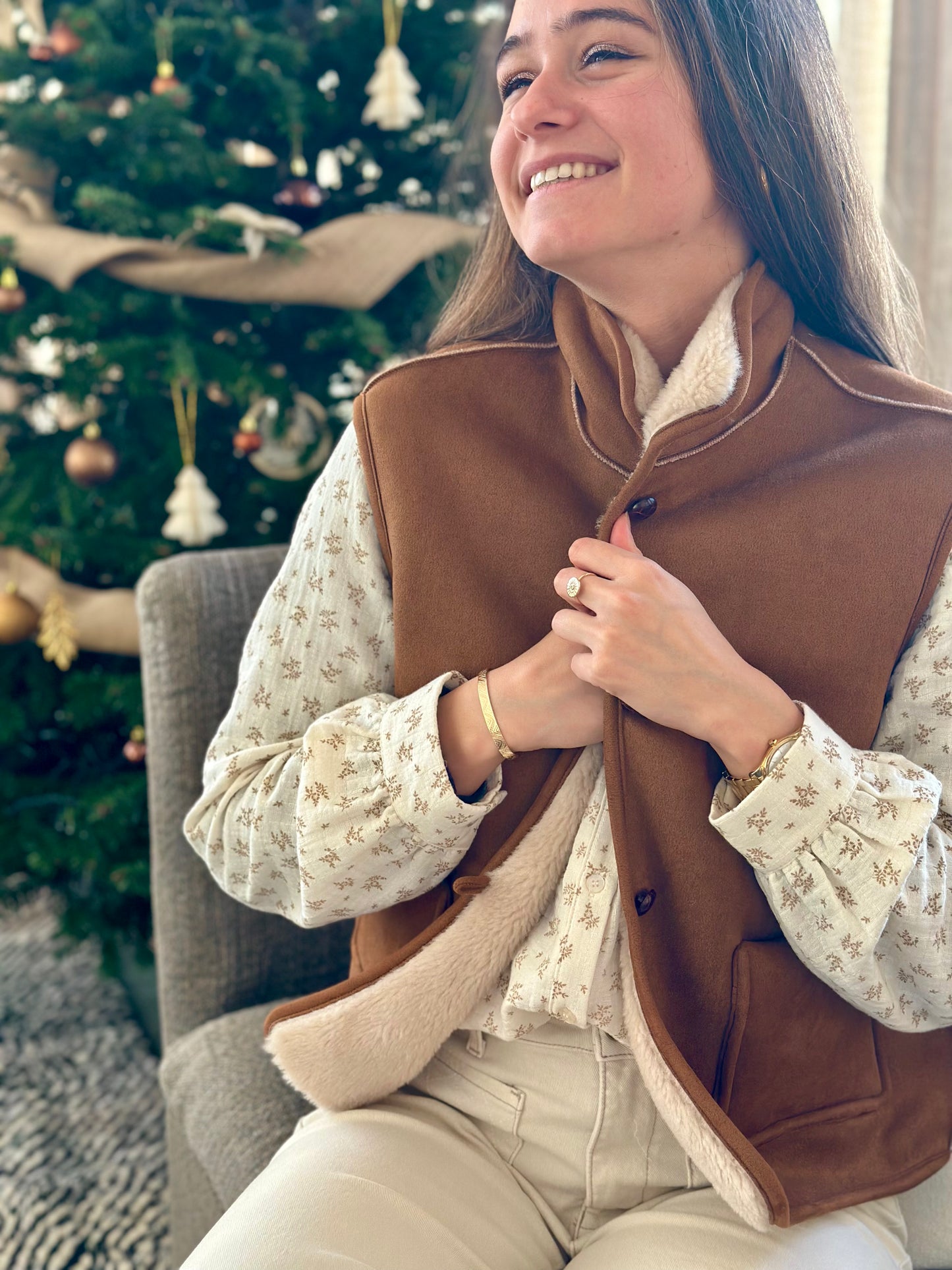 Sans manche suédine moumoute camel