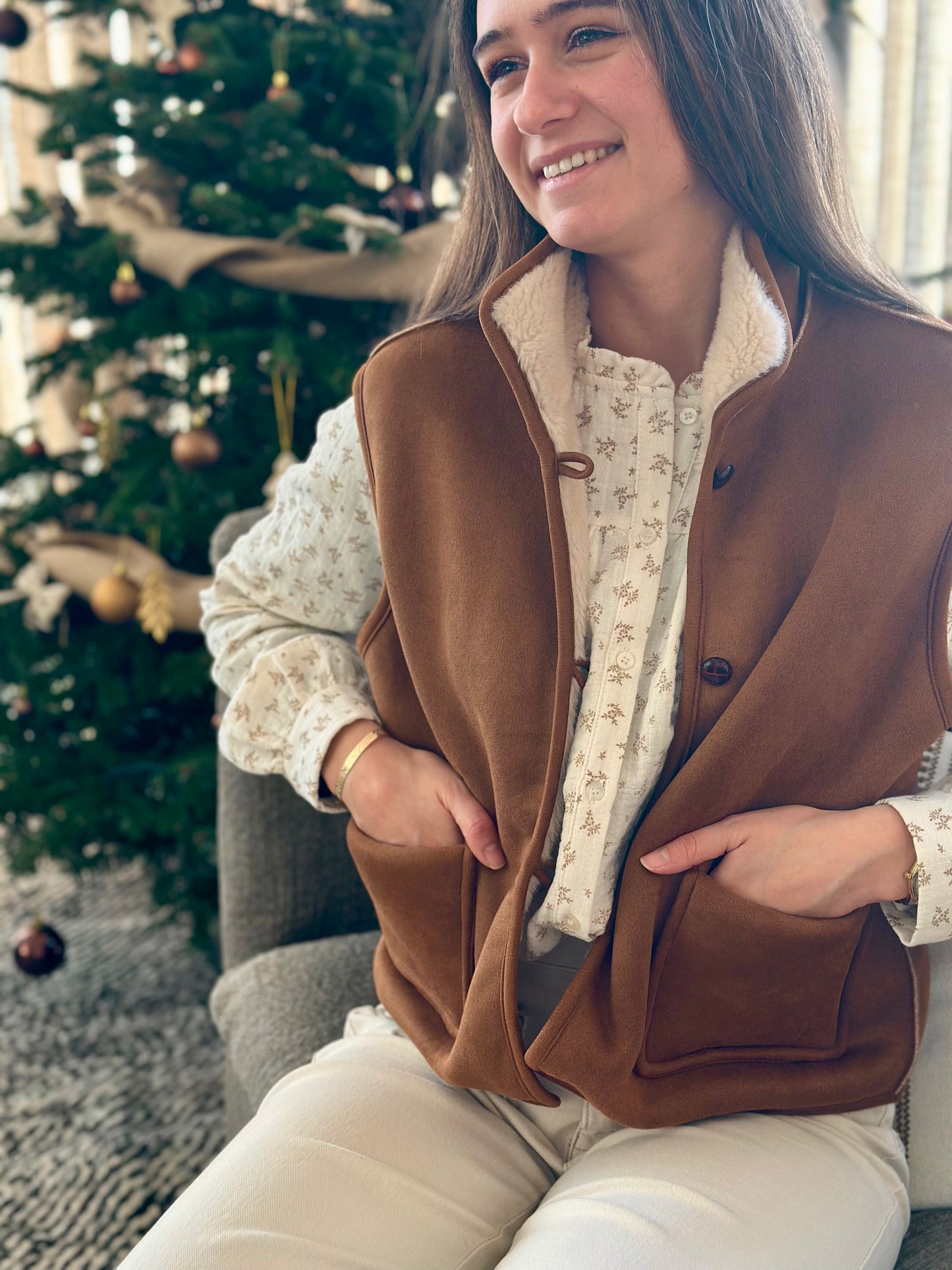 Sans manche suédine moumoute camel