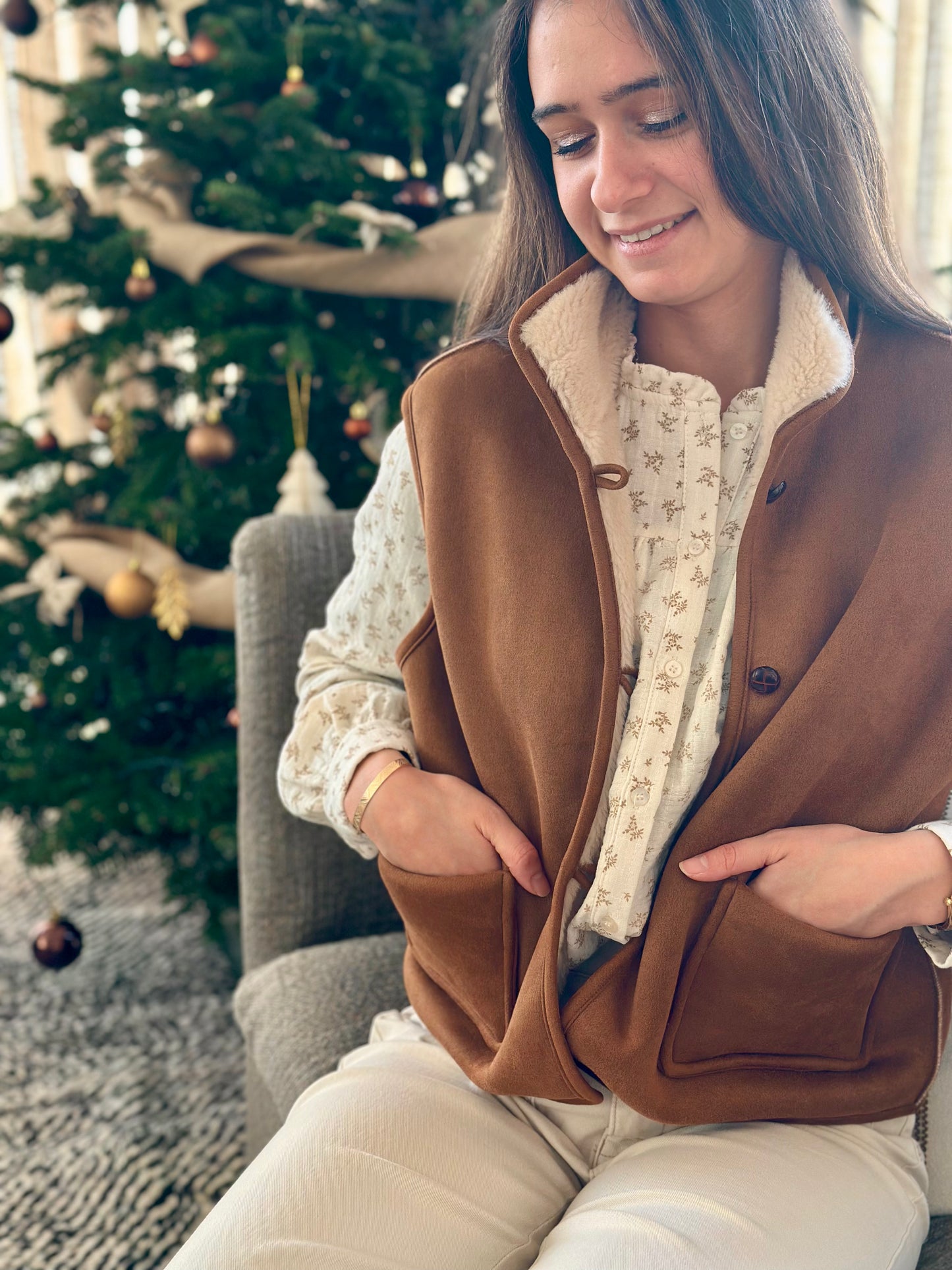 Sans manche suédine moumoute camel