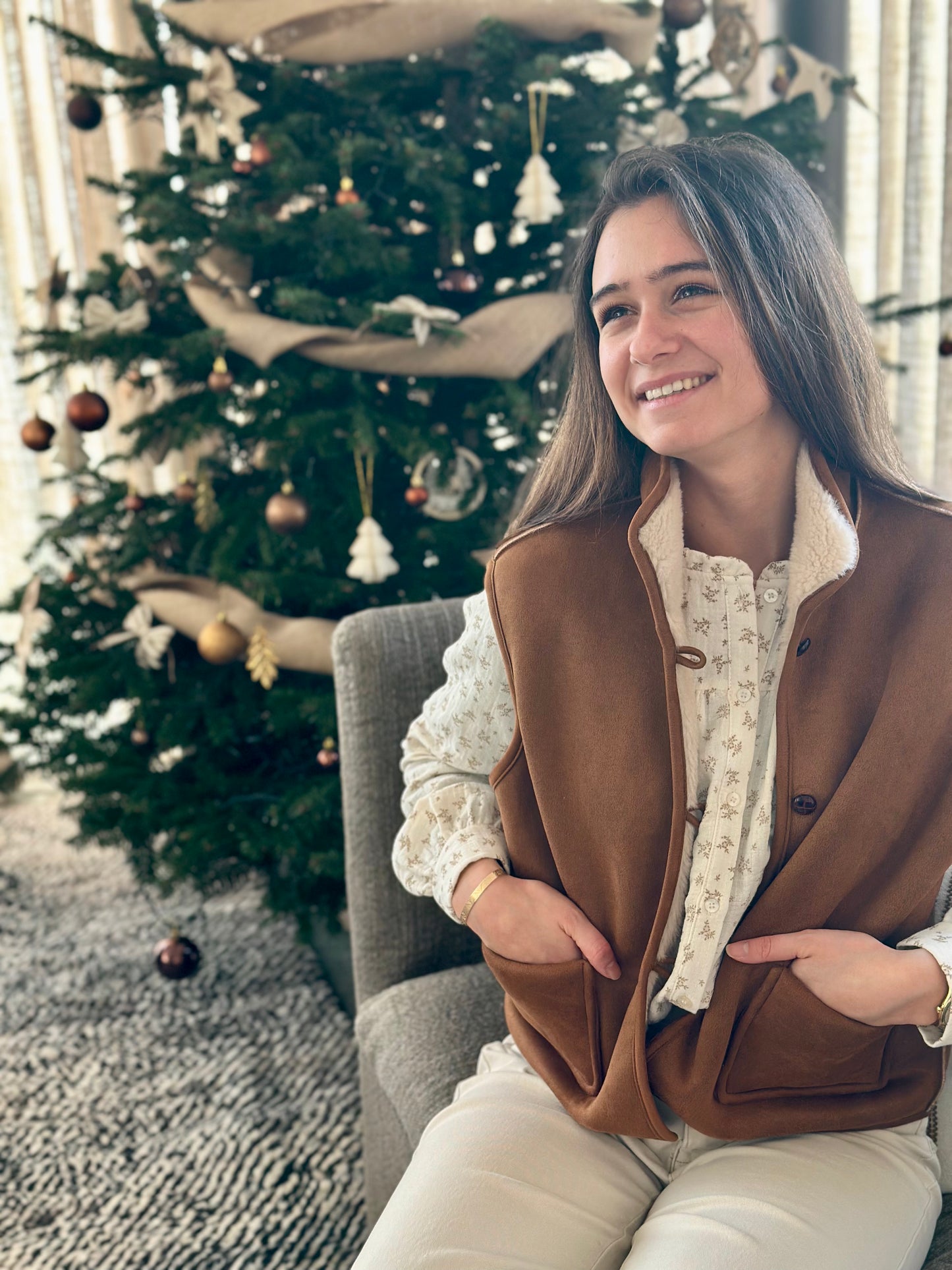 Sans manche suédine moumoute camel