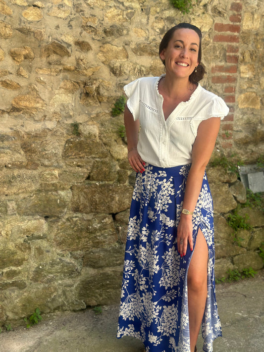Jupe longue bleu imprimée