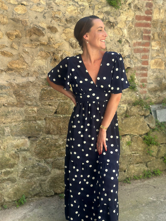 Robe longue marine pois