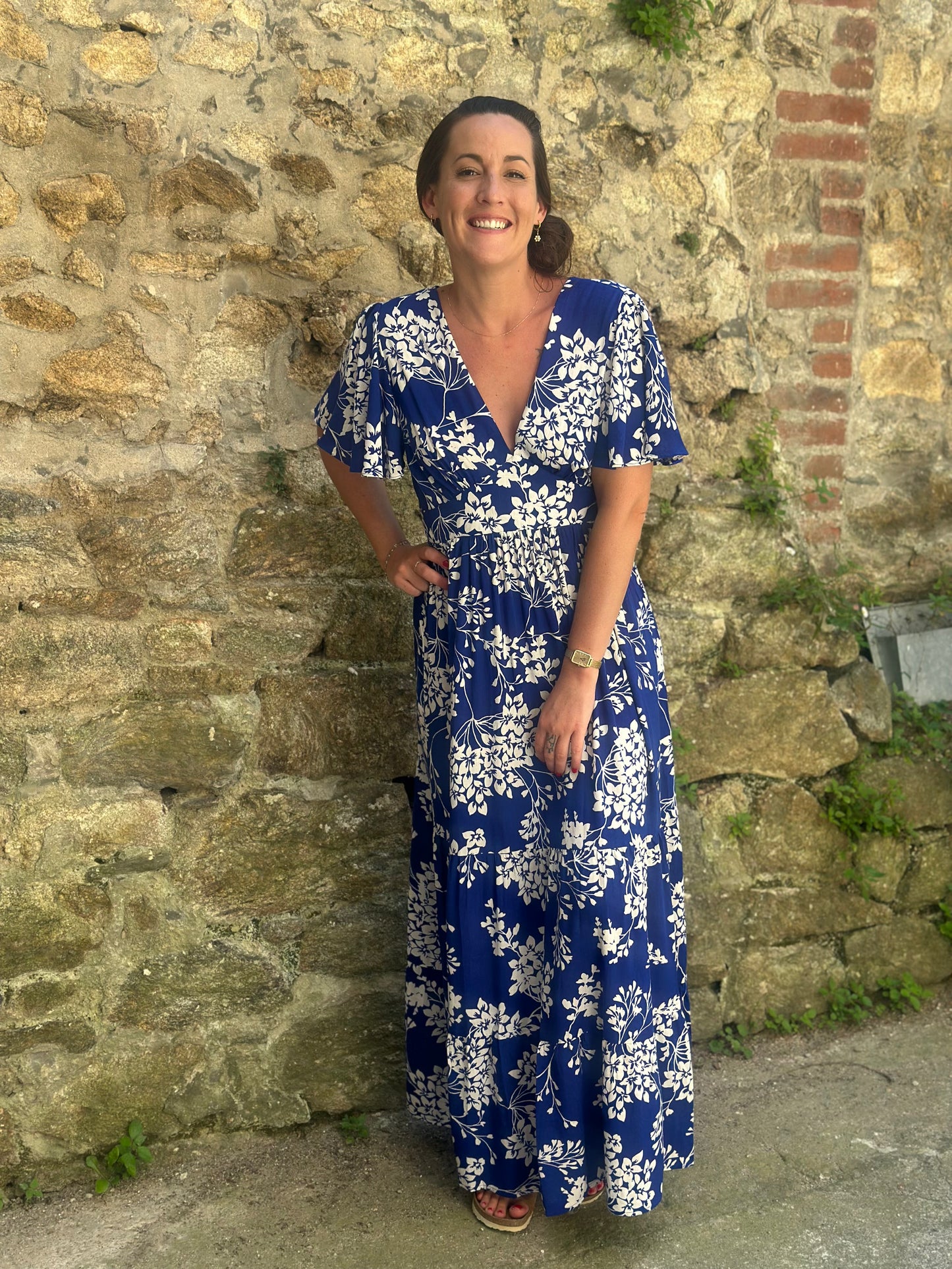 Robe longue imprimée bleu