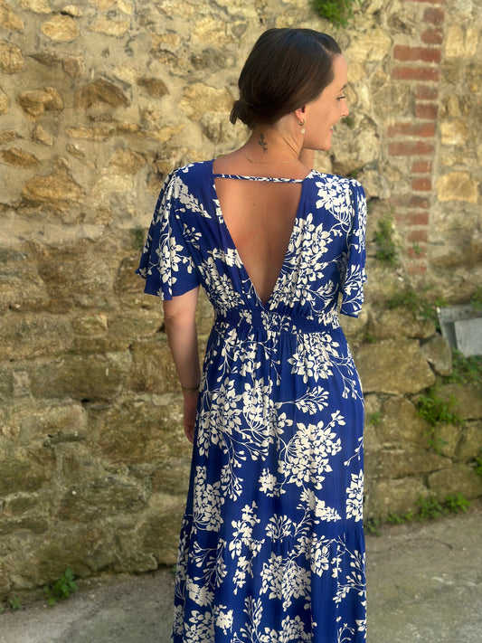 Robe longue imprimée bleu