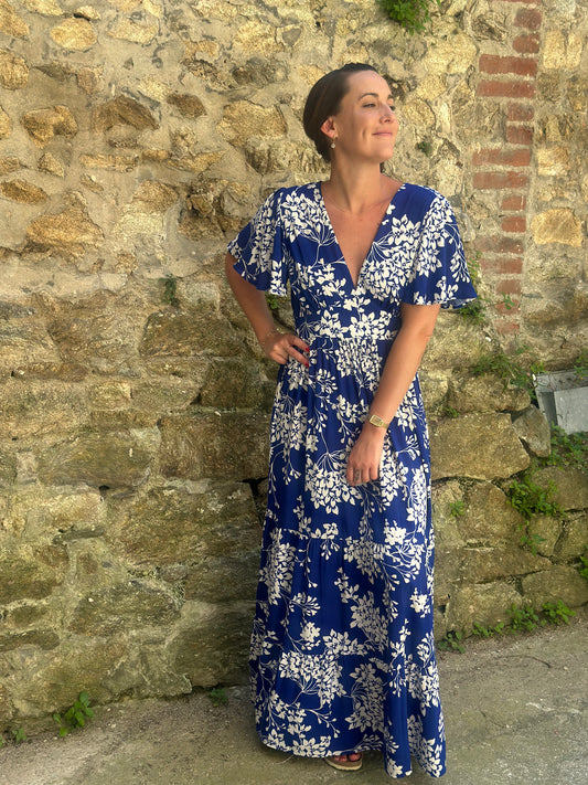 Robe longue imprimée bleu