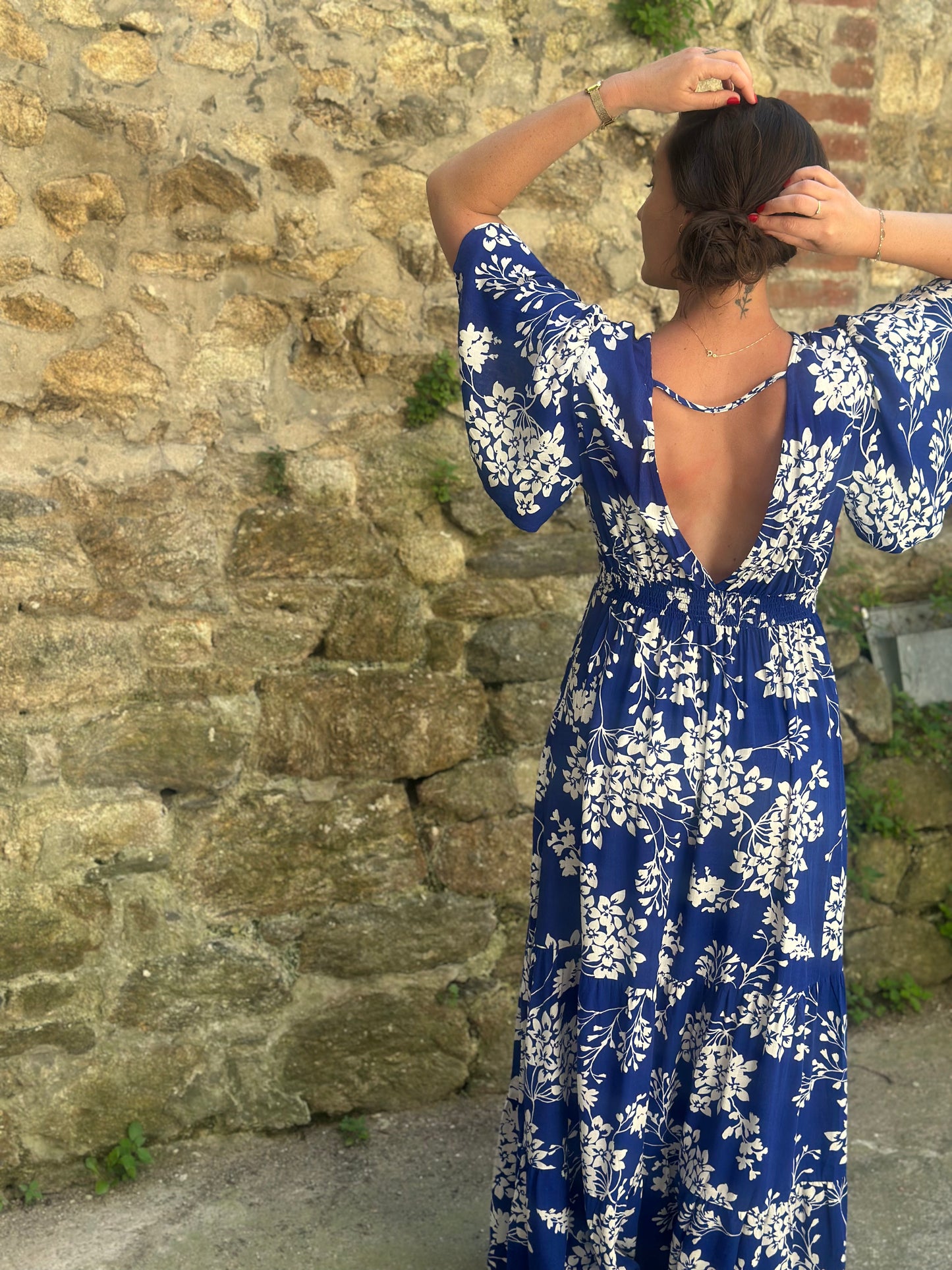Robe longue imprimée bleu
